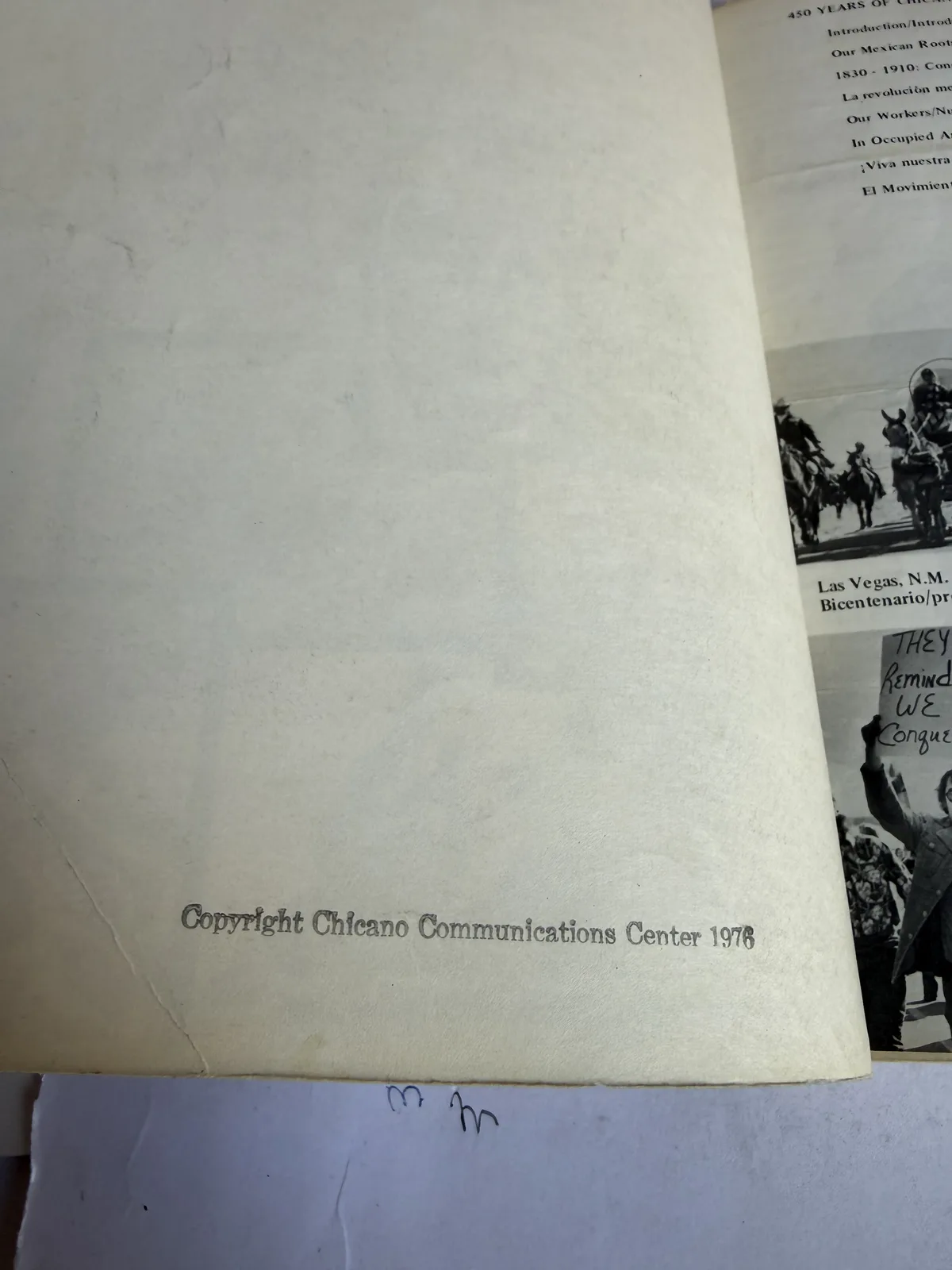 Imprint page reading Copyright Chicano Communications Center 1976, photographed at New Mexico Literacy Project