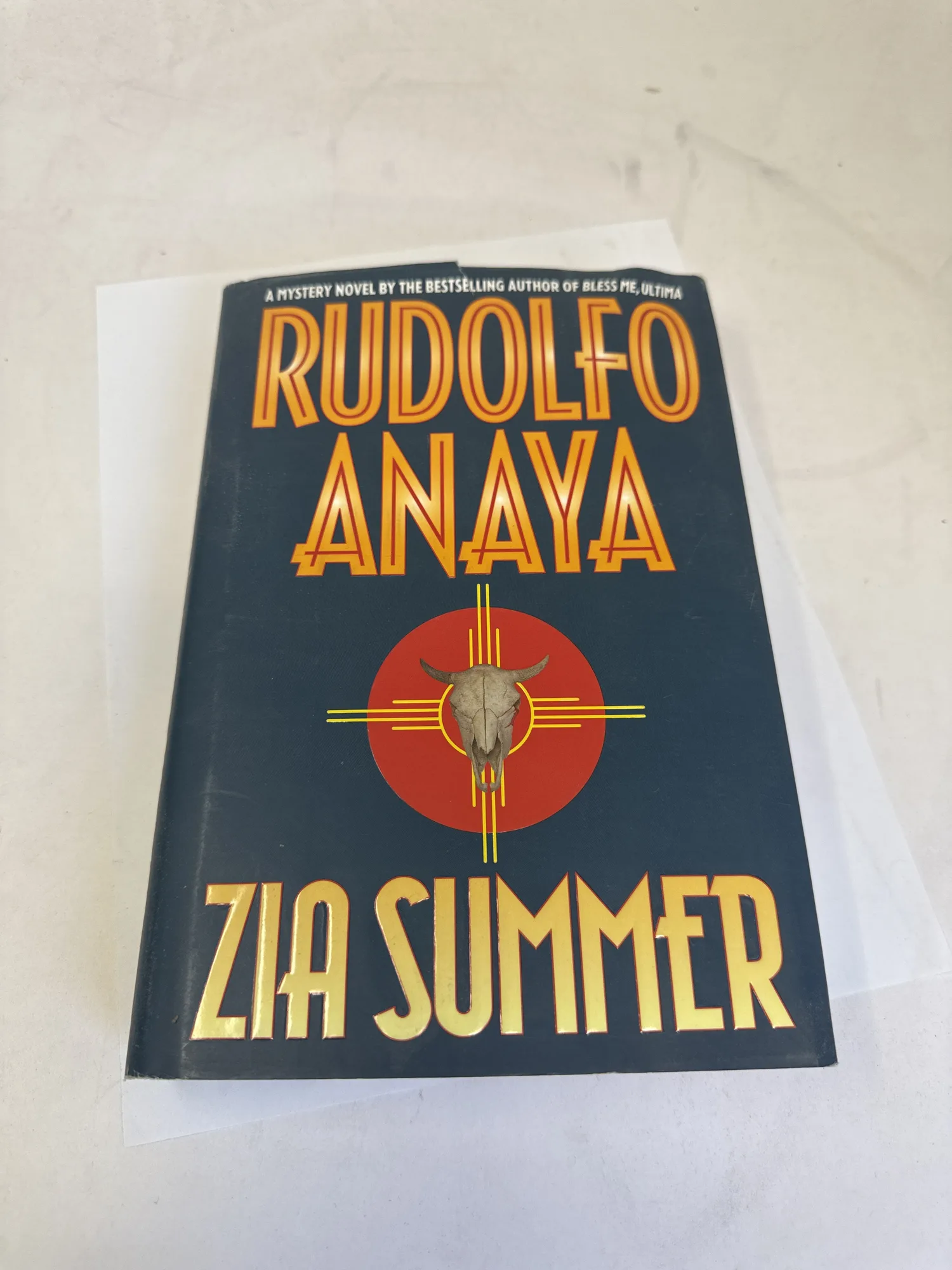 Front dust jacket of Zia Summer by Rudolfo Anaya, Warner Books 1995 first edition, navy blue with gold foil lettering and the Zia sun symbol at center. Photographed at the New Mexico Literacy Project sorting desk in Albuquerque.