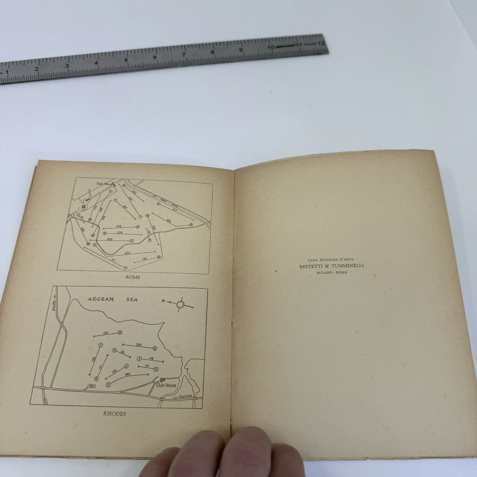 Interior page with hand-drawn course maps for Rome (Acquasanta) and the Aegean Sea / Rhodes regions