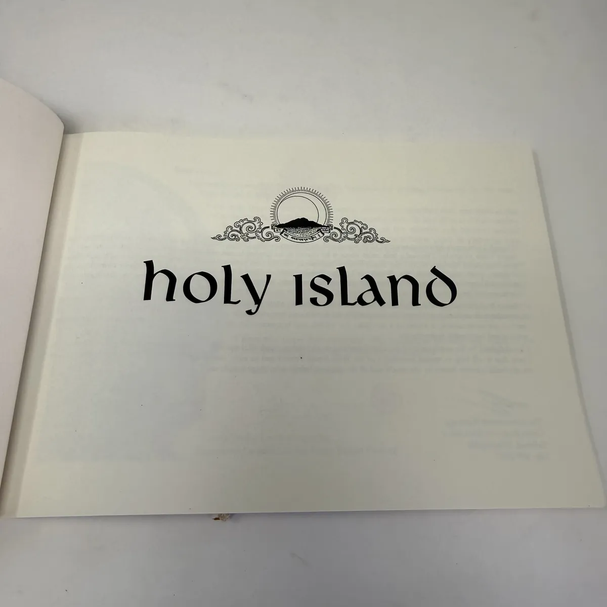 Half-title page reading holy island in lowercase Celtic-style typography with a small ornament of a stylized island and Tibetan script