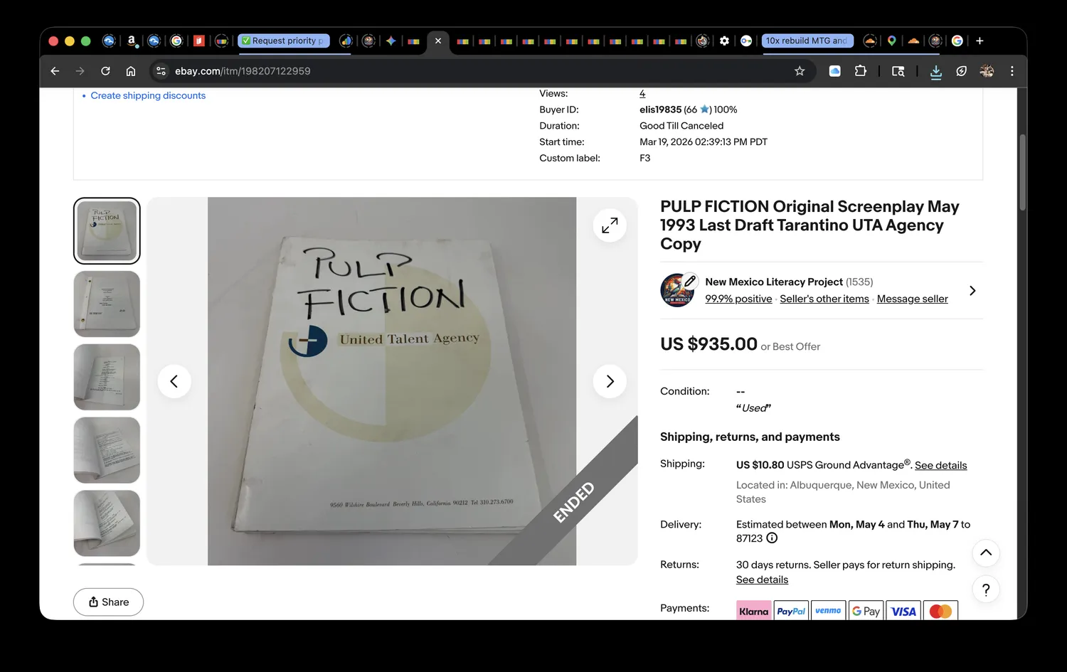 eBay listing screenshot showing the Pulp Fiction screenplay listed by New Mexico Literacy Project at three-figure collector prices