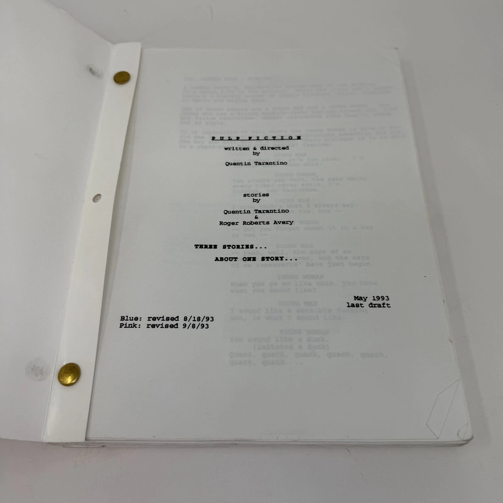 Title page of the Pulp Fiction screenplay May 1993 last draft, brass-fastener bound