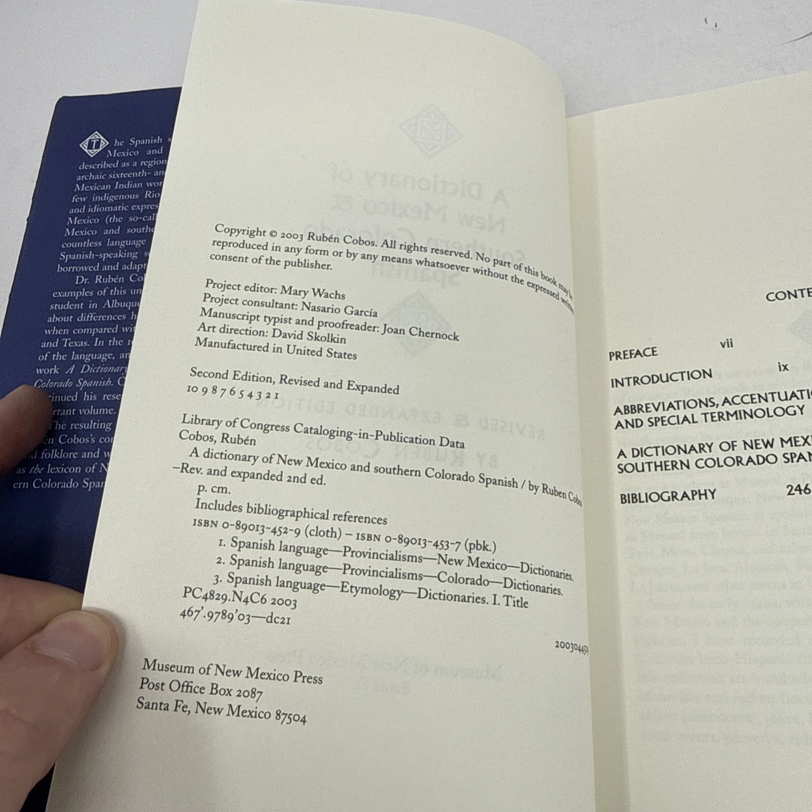 The copyright page showing copyright 2003 Rubén Cobos, Second Edition Revised and Expanded, ISBN 0-89013-452-9 cloth and 0-89013-453-7 paper, LCCN 2003114603