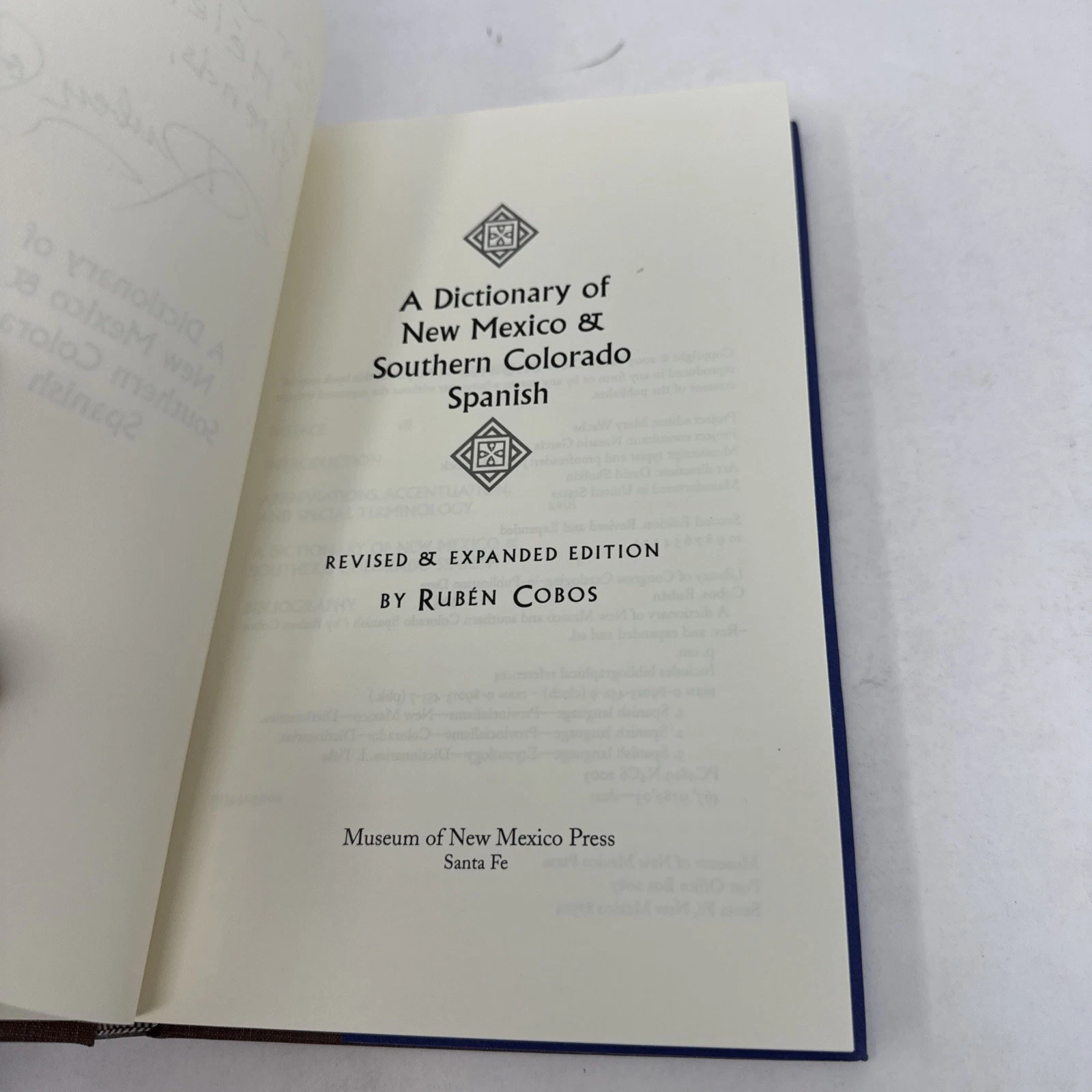 The title page reading A Dictionary of New Mexico and Southern Colorado Spanish, Revised and Expanded Edition, by Rubén Cobos, Museum of New Mexico Press, Santa Fe