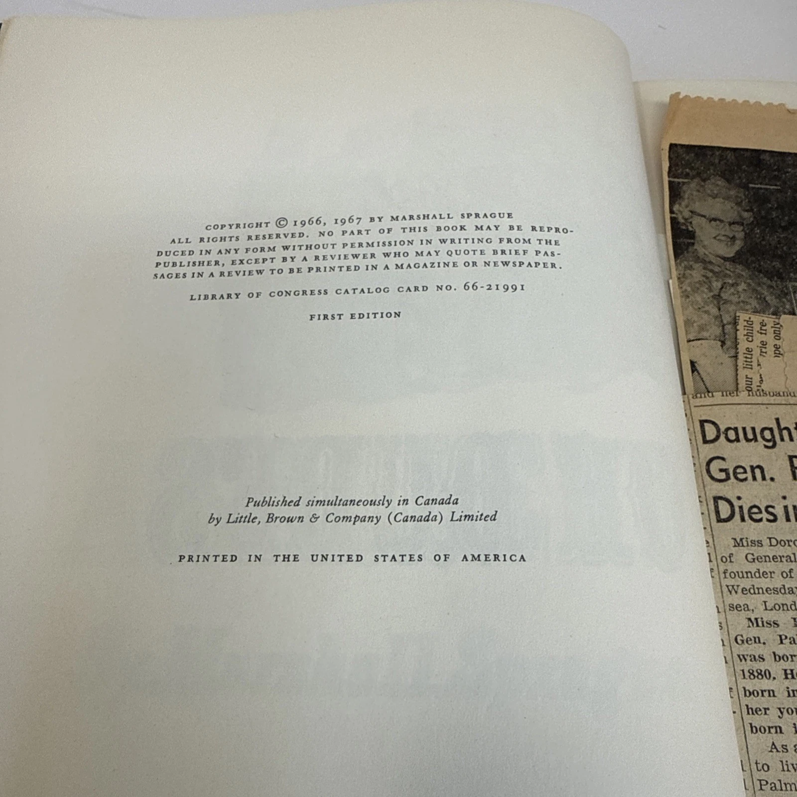 The copyright page showing 'Copyright 1966, 1967 by Marshall Sprague', LCCN 66-21991, and the words 'FIRST EDITION'