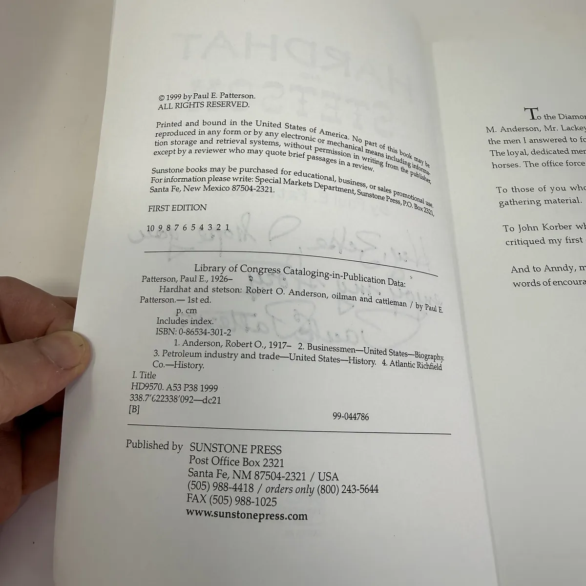Copyright page showing 1999 by Paul E. Patterson, FIRST EDITION, printing line 10 9 8 7 6 5 4 3 2 1, ISBN 0-86534-301-2, Library of Congress Cataloging-in-Publication record HD9570 A53 P38 1999, Sunstone Press P.O. Box 2321 Santa Fe NM 87504-2321