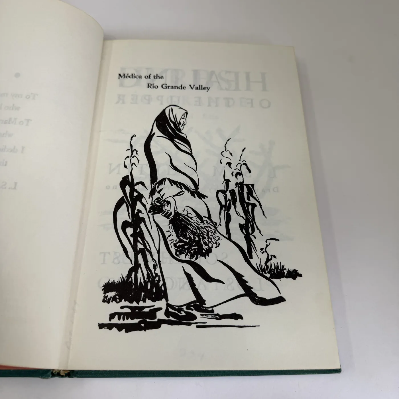 The frontispiece line drawing by P. G. Napolitano showing a Spanish New Mexican curandera in a long dark shawl walking through a field of standing corn stalks, holding a freshly gathered bunch of herbs in her right hand. The figure is drawn in plain pen-and-ink with strong black-massed treatment of the shawl and hair, against a softer rendered cornfield. The caption above reads: 'Médica of the Río Grande Valley.'