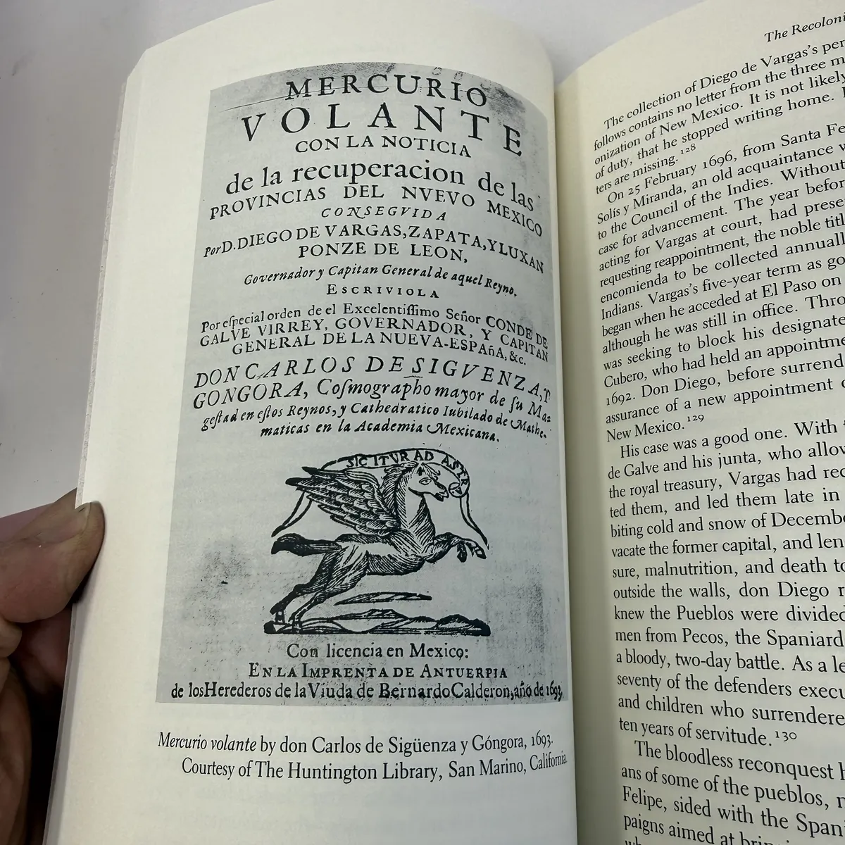 Reproduction of the 1693 title page of Sigüenza y Góngora's Mercurio Volante, the contemporary Spanish-language pamphlet that reported Vargas's reconquest of New Mexico to Mexico City