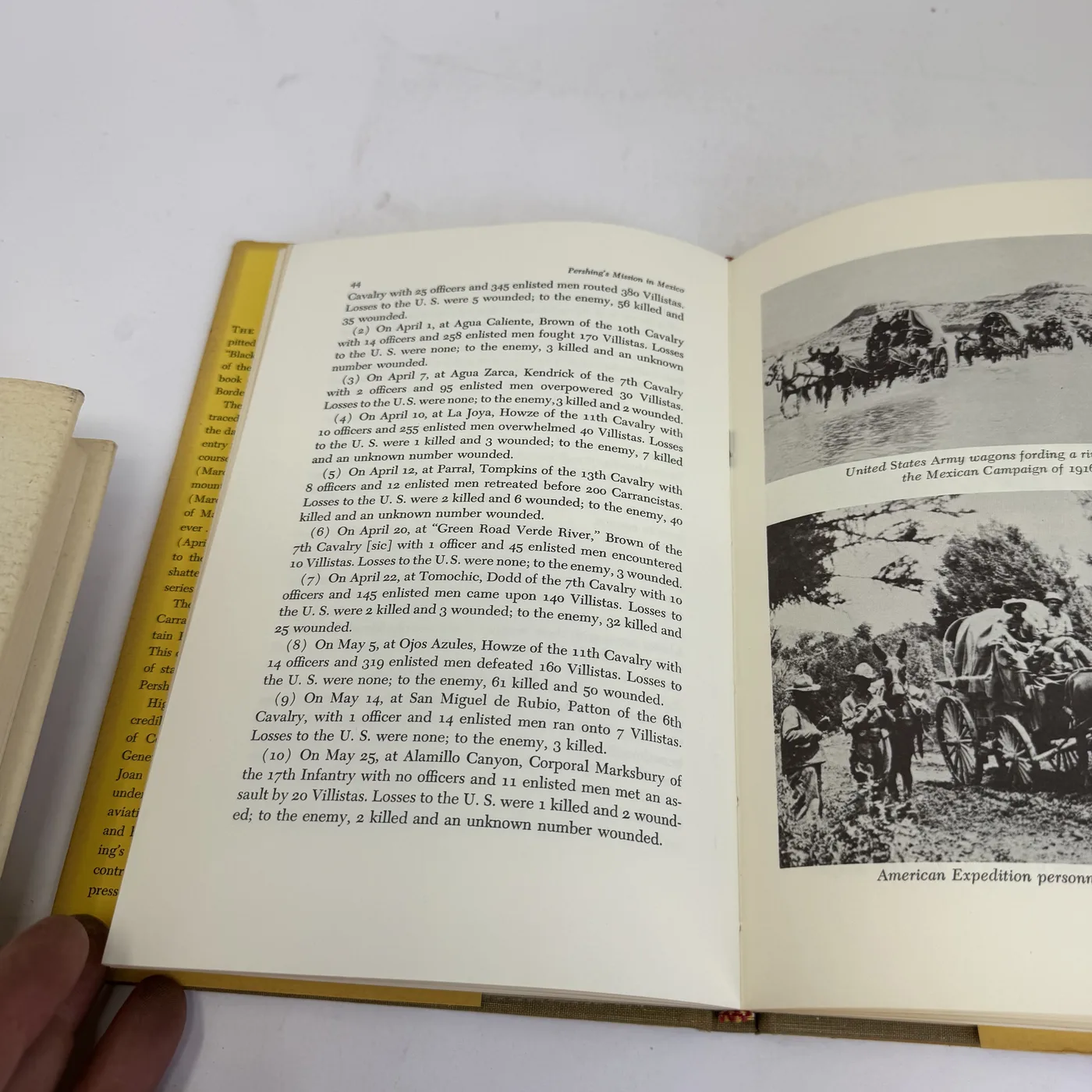 An interior page of Pershing's Mission in Mexico showing a numbered ten-engagement chronology of cavalry battles from April 1 1916 at Agua Caliente through May 25 1916 at Alamillo Canyon, with me and Villista/Carrancista casualty counts for each engagement, set in Hertzog typography.