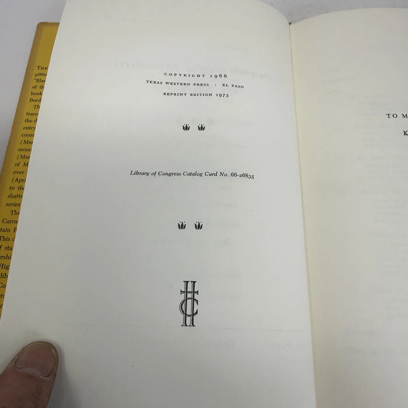 The copyright page of Pershing's Mission in Mexico showing 'COPYRIGHT 1966 / TEXAS WESTERN PRESS : EL PASO / REPRINT EDITION 1973' and 'Library of Congress Catalog Card No. 66-26835' with the intertwined HC monogram of Carl Hertzog below, framed by tulip-leaf ornaments.