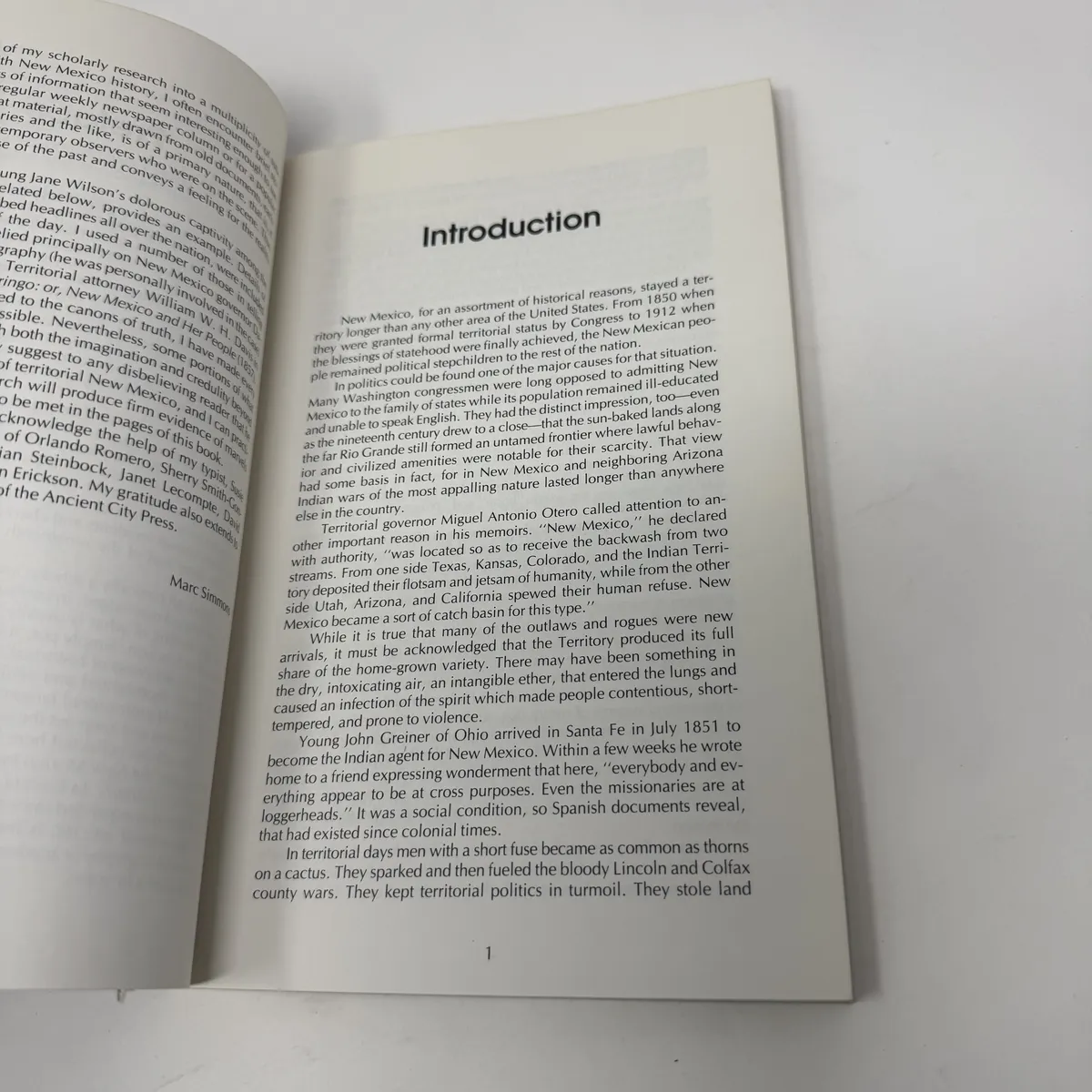 The Introduction page citing the territorial governor Miguel Antonio Otero's memoir characterization of New Mexico as the place that received the backwash from the streams of Texas, Kansas, Colorado, the Indian territory, Utah, Arizona, and California, and quoting John Greiner's 1851 letter from Santa Fe describing territorial-era violence and conflict