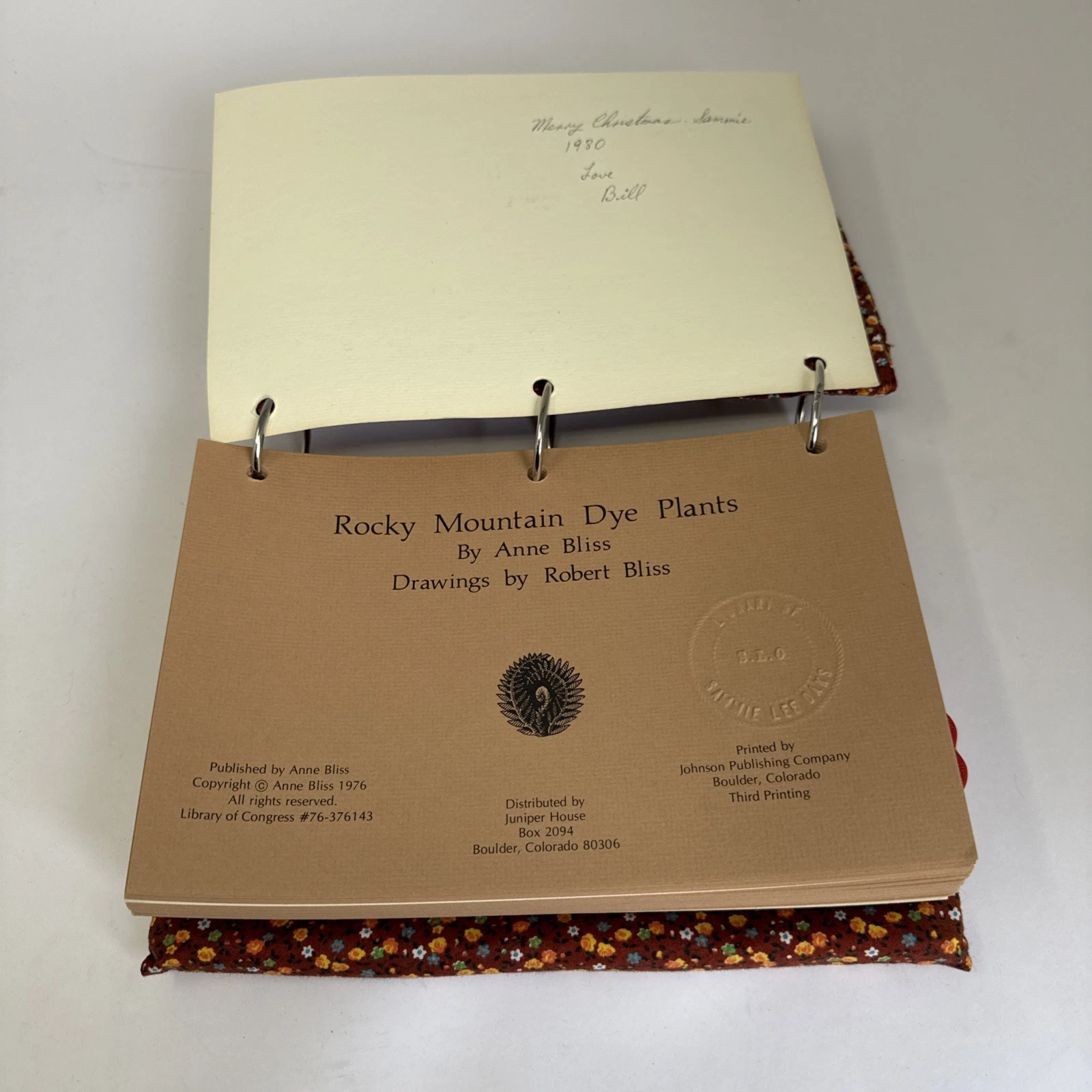 The copyright page of Anne Bliss Rocky Mountain Dye Plants Third Printing showing the lines 'Published by Anne Bliss / Copyright Anne Bliss 1976 / Library of Congress 76-376143 / Distributed by Juniper House / Boulder Colorado / Third Printing'. The page is set in plain typewriter-style text with no display ornaments.