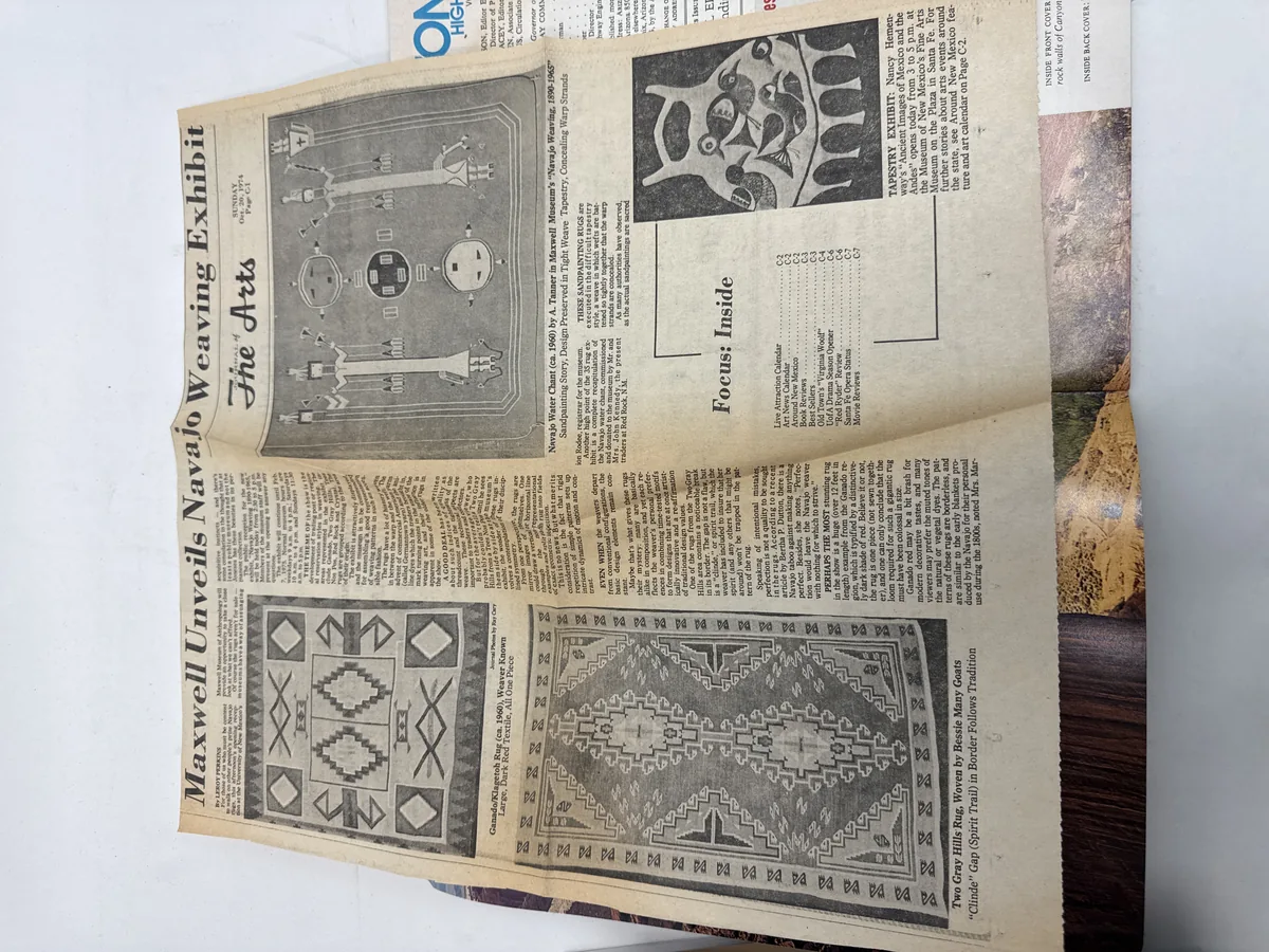 Loose newspaper clipping found inside Arizona Highways July 1974: Maxwell Unveils Navajo Weaving Exhibit — Maxwell Museum of Anthropology, University of New Mexico, Albuquerque
