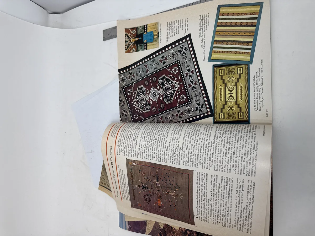 Interior spread from Arizona Highways July 1974 showing Navajo textile patterns including Ganado Red style regional weaving traditions