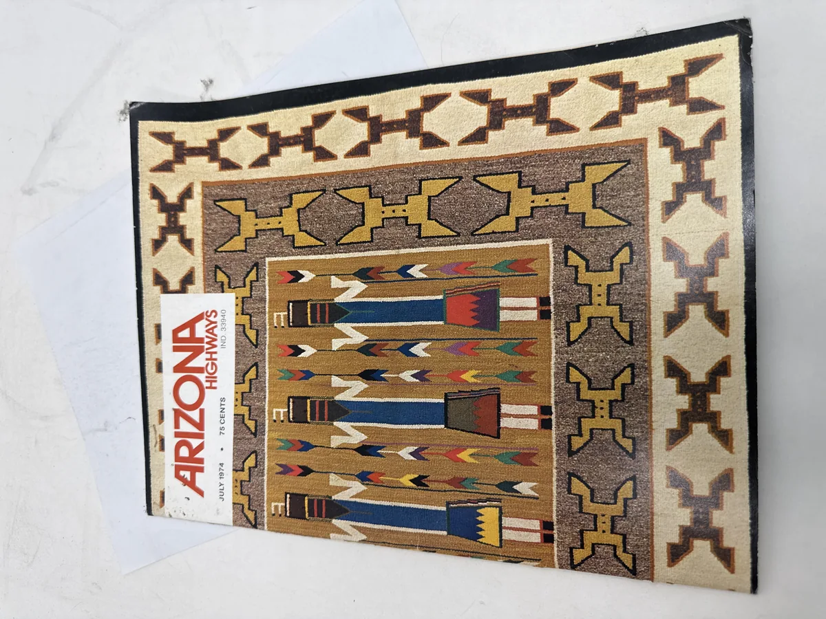 Cover of Arizona Highways magazine July 1974 — Navajo weaving special issue featuring a full-color Yei rug/blanket design, one of the most collectible Southwest magazine covers