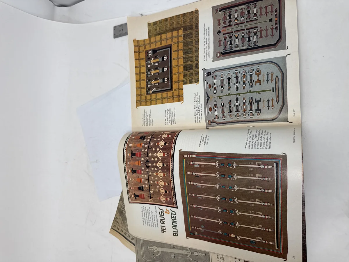 Interior spread from Arizona Highways July 1974 — Yei Rugs and Blankets article with color photos of multiple Navajo Yei weavings, page 24