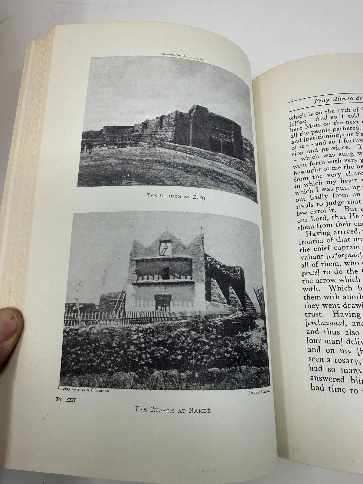 Plates showing the church at Zuni and the church at Nambe reproduced in the Benavides Memorial, photographed at New Mexico Literacy Project