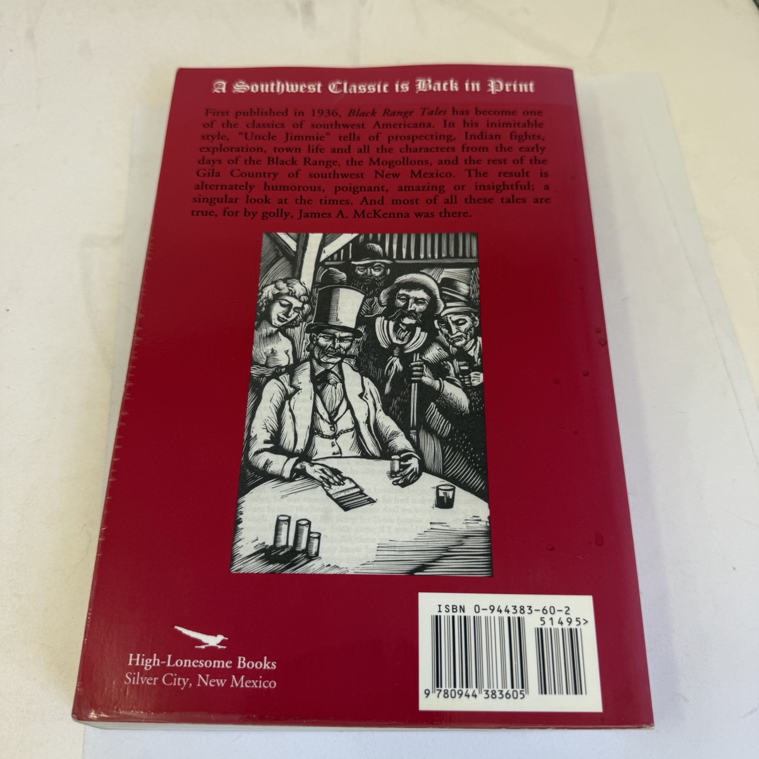 Back cover of Black Range Tales — red cover with Howard Simon woodcut illustration of a frontier saloon scene showing men drinking and playing cards, header reads A Southwest Classic is Back in Print, full description of frontier content, High-Lonesome Books logo with bird, Silver City NM address, ISBN barcode, $14.95