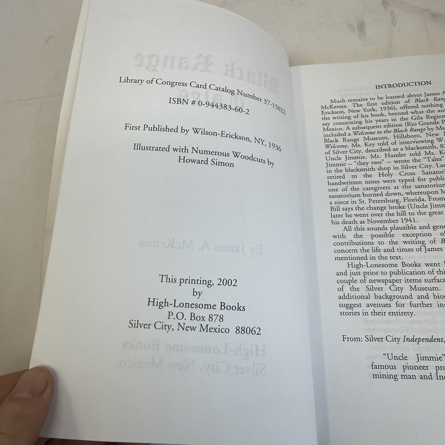 Copyright and title page spread of Black Range Tales — LOC Card Catalog Number 37-15022, ISBN 0-944383-60-2, first published 1936 by Wilson-Erickson New York, this printing 2002 by High-Lonesome Books P.O. Box 878 Silver City New Mexico 88062, illustrated with numerous woodcuts by Howard Simon