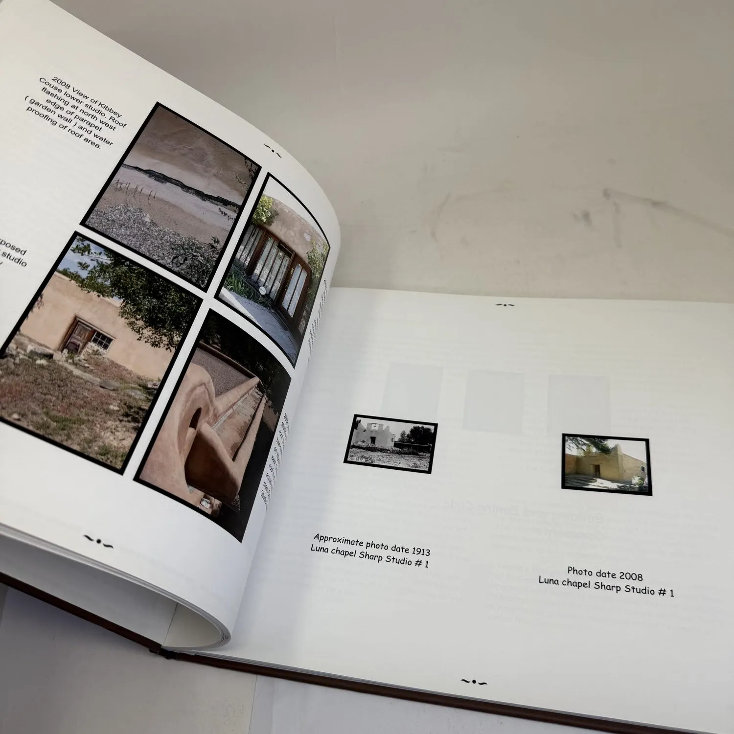 Interior spread from Couse-Sharp Historic Building Assessment showing 2008 Kibbey Couse lower Studio roof and flashing photographs alongside 1913 versus 2008 comparison of Luna chapel Sharp Studio number 1 demonstrating nearly a century of architectural continuity — photographed by Josh Eldred at NMLP workspace