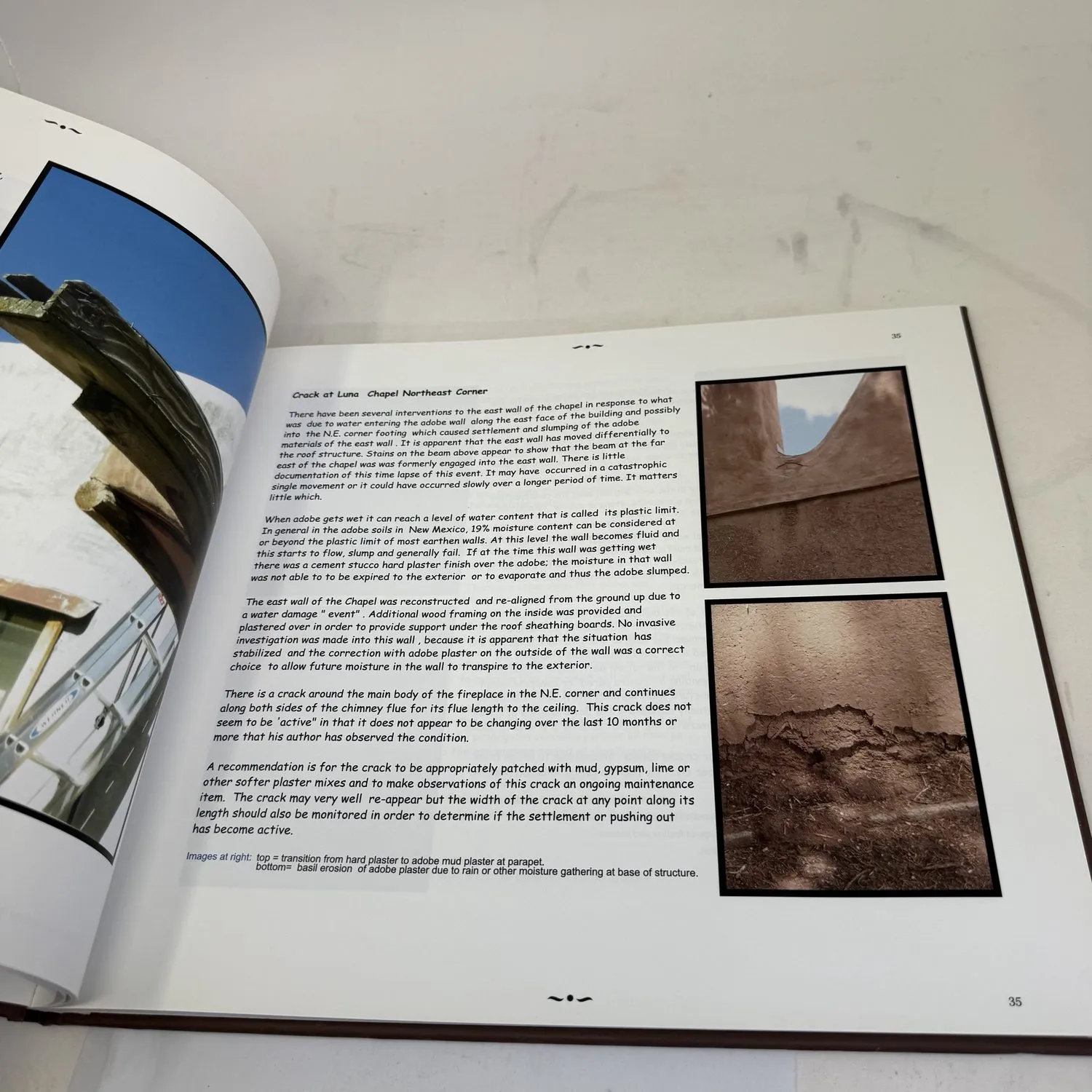 Interior page from Couse-Sharp Historic Building Assessment showing documentary photographs and technical analysis of crack at Luna Chapel northeast corner with preservation notes on adobe plaster damage — photographed by Josh Eldred at NMLP workspace
