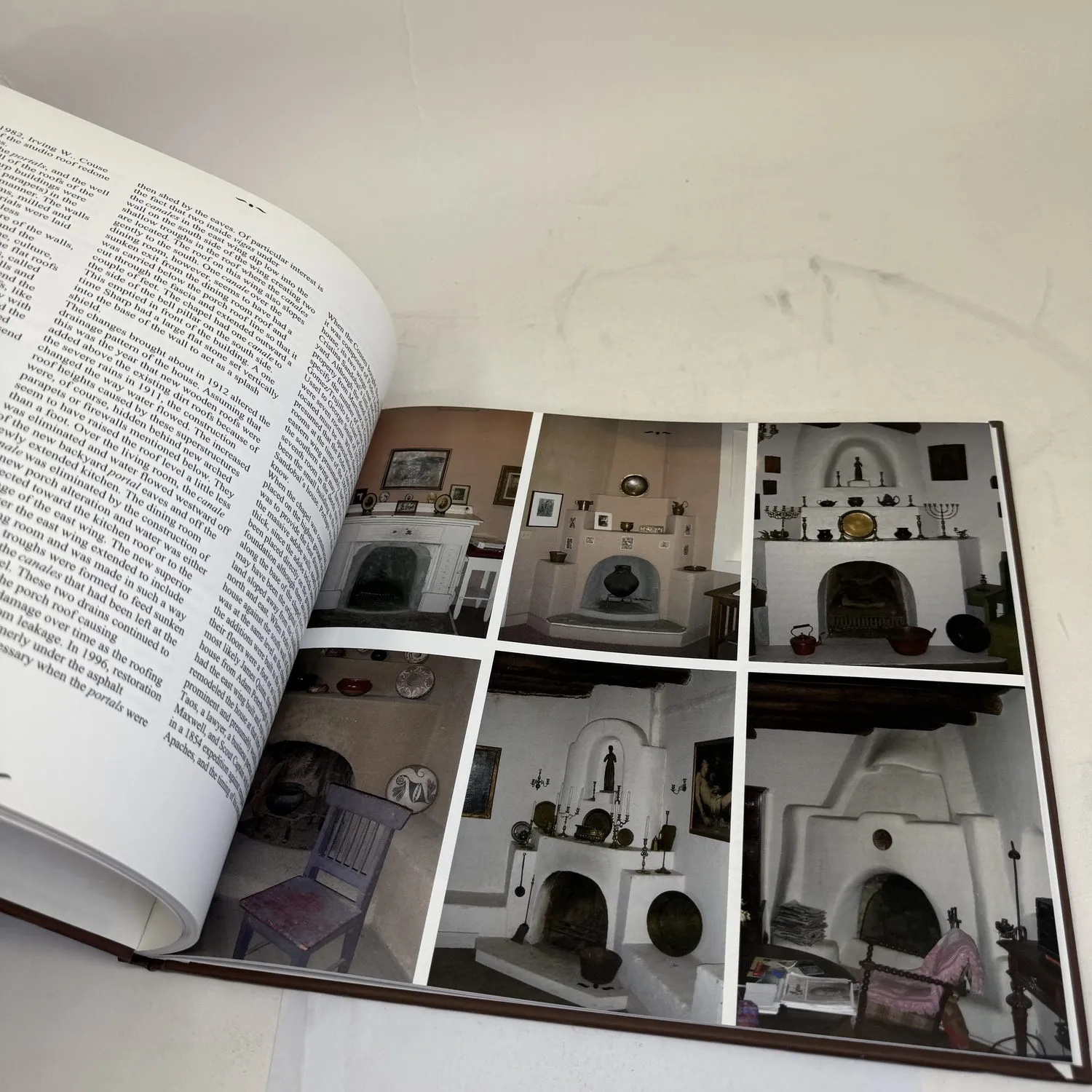 Interior spread from Couse-Sharp Historic Building Assessment showing six photographs of preserved kiva fireplaces inside the historic adobe buildings at 146 Kit Carson Road Taos NM — documentary architectural photography photographed by Josh Eldred at NMLP workspace