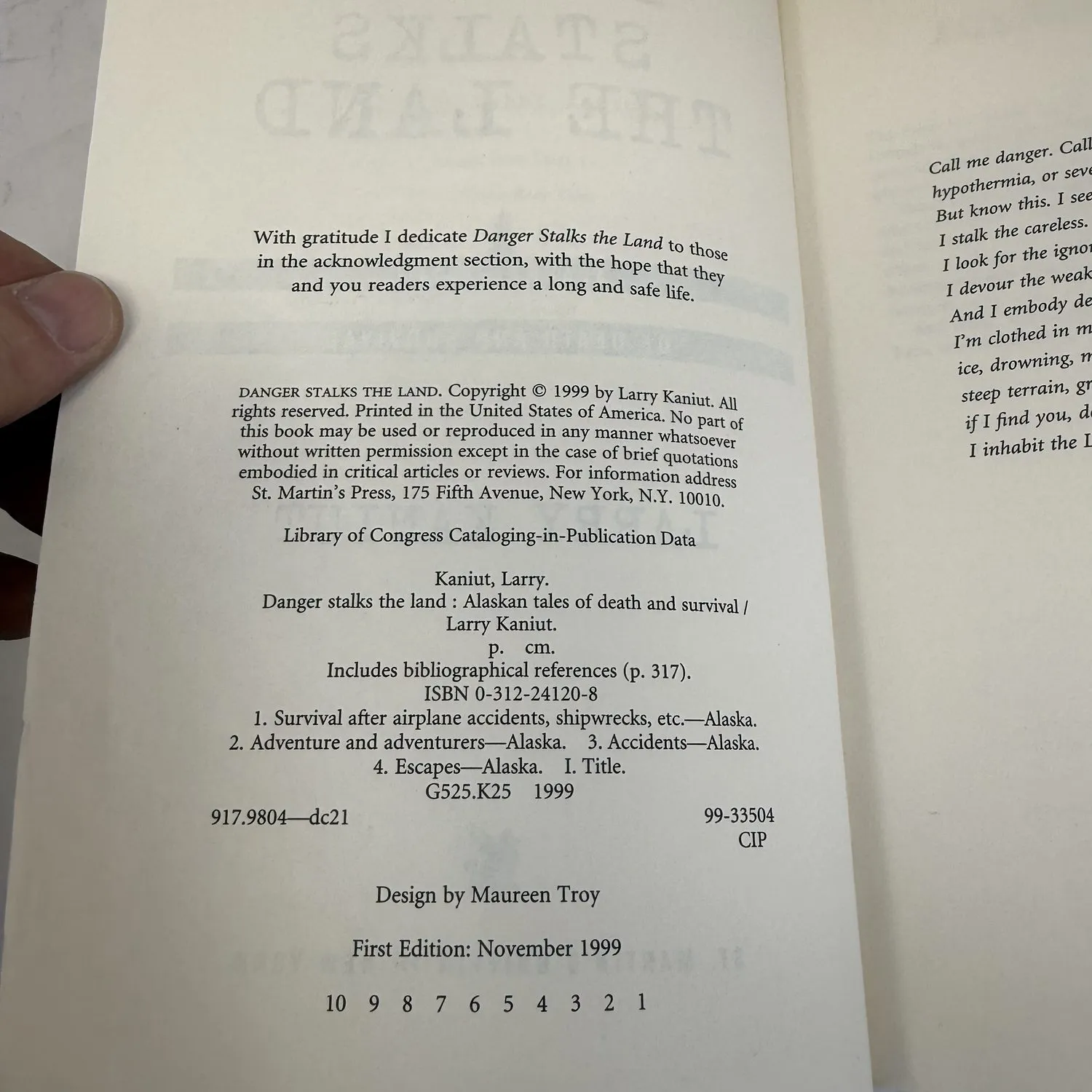 Copyright page of Danger Stalks the Land by Larry Kaniut showing First Edition November 1999 statement, number line 10 9 8 7 6 5 4 3 2 1 confirming first printing, ISBN 0-312-24120-8, St. Martin's Press 175 Fifth Avenue New York, Library of Congress data, Design by Maureen Troy.
