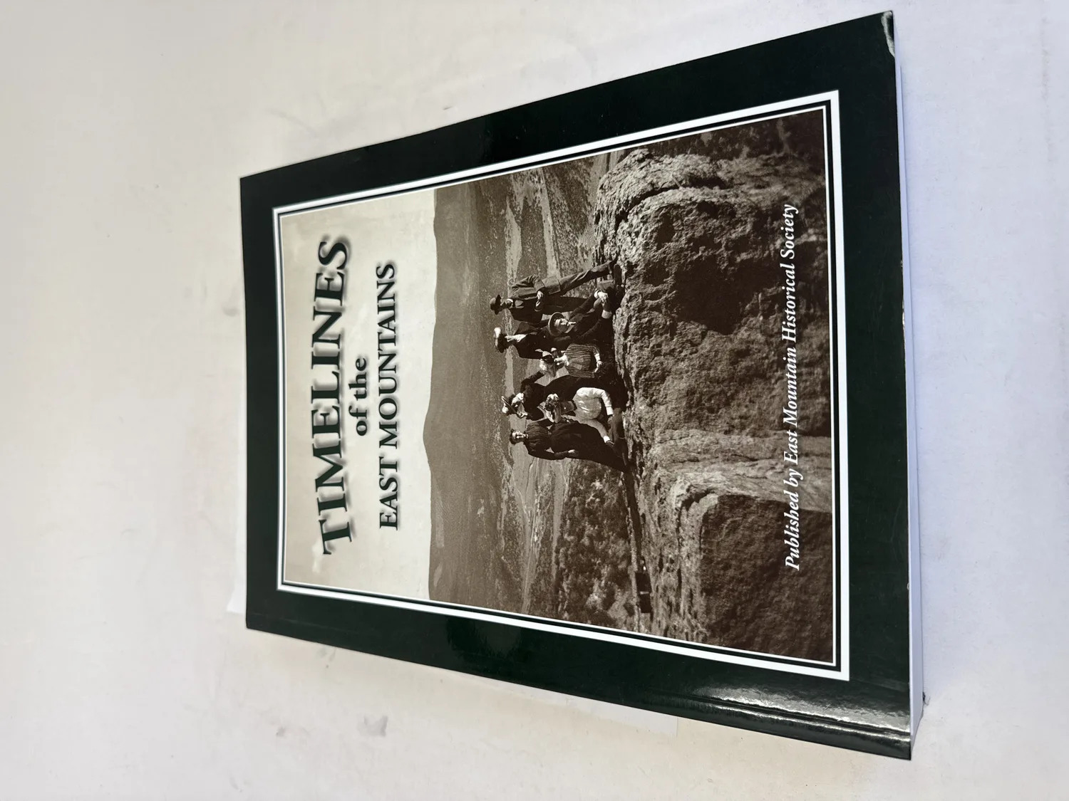 Front cover of Timelines of the East Mountains by the East Mountain Historical Society — sepia-toned circa-1902 photograph of group on rock ledge overlooking Tijeras, black borders with silver framing. Photographed at the New Mexico Literacy Project sorting desk in Albuquerque.