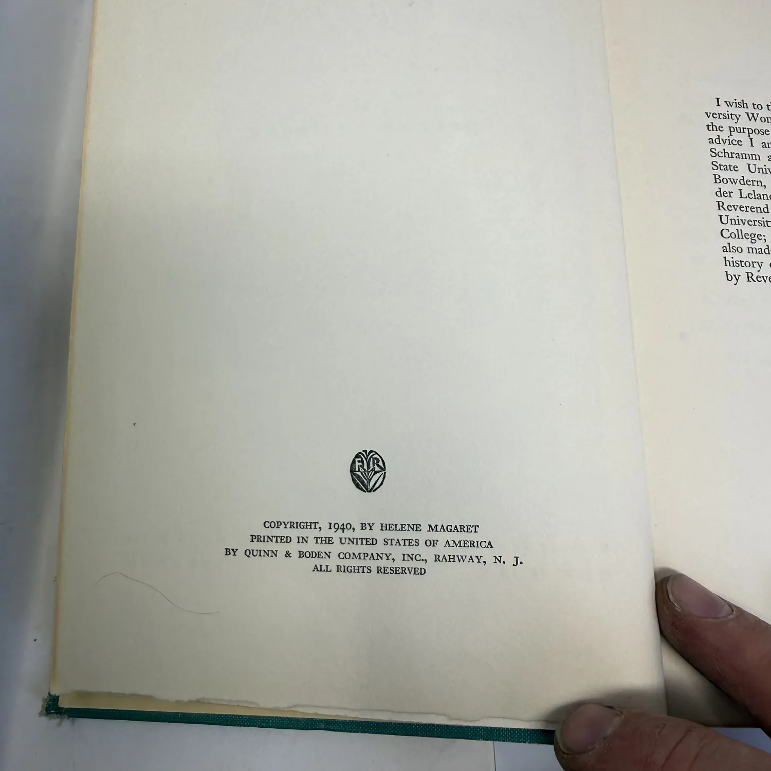 Copyright page of Father De Smet by Helene Magaret showing Farrar and Rinehart F and R colophon, Copyright 1940 by Helene Magaret, Printed in the United States of America by Quinn and Boden Company Inc Rahway N.J., All Rights Reserved.