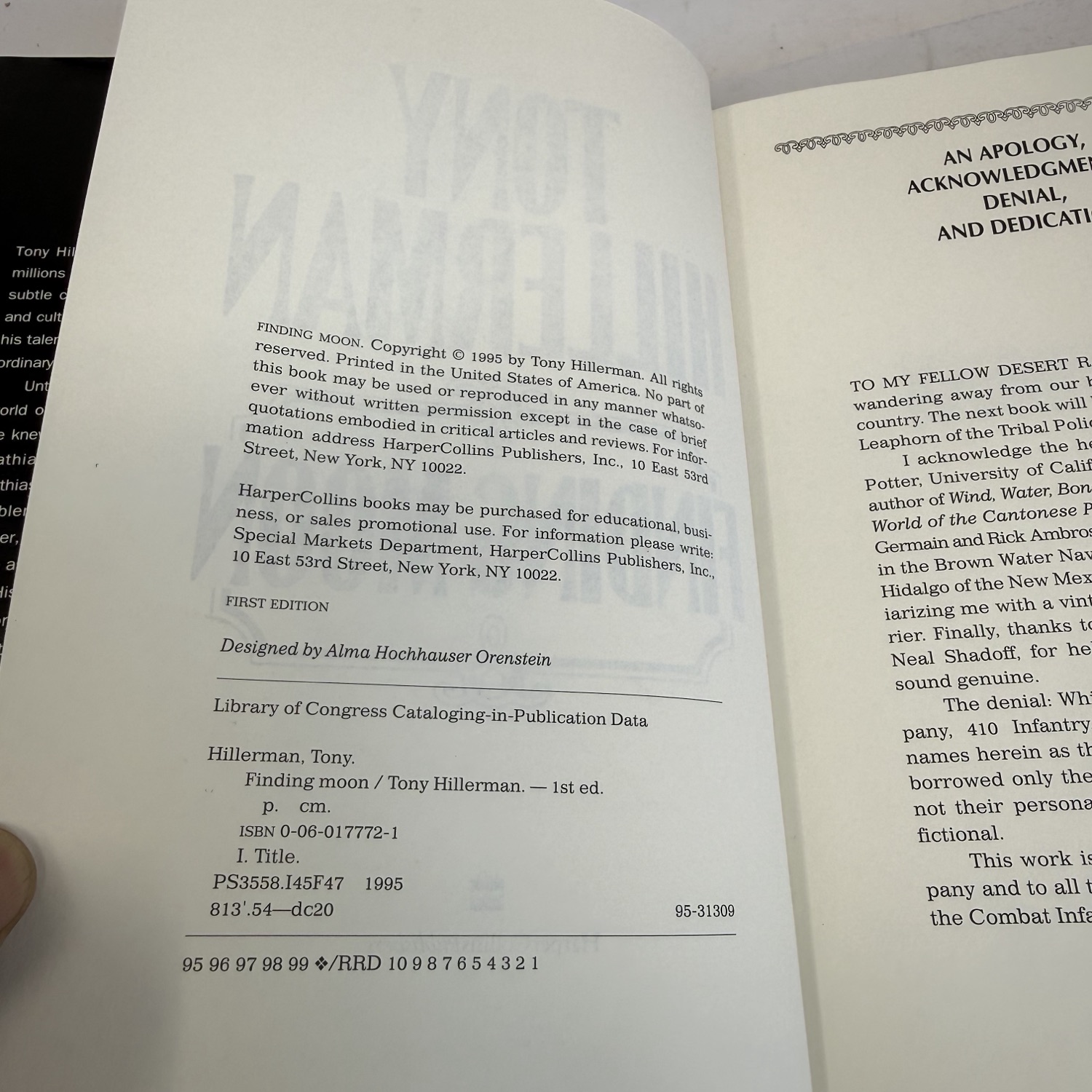 Copyright page and dedication page spread of Finding Moon by Tony Hillerman — First Edition stated, number line 95 96 97 98 99 RRD 10 9 8 7 6 5 4 3 2 1 confirming true first printing, dedication titled An Apology Acknowledgment Denial and Dedication