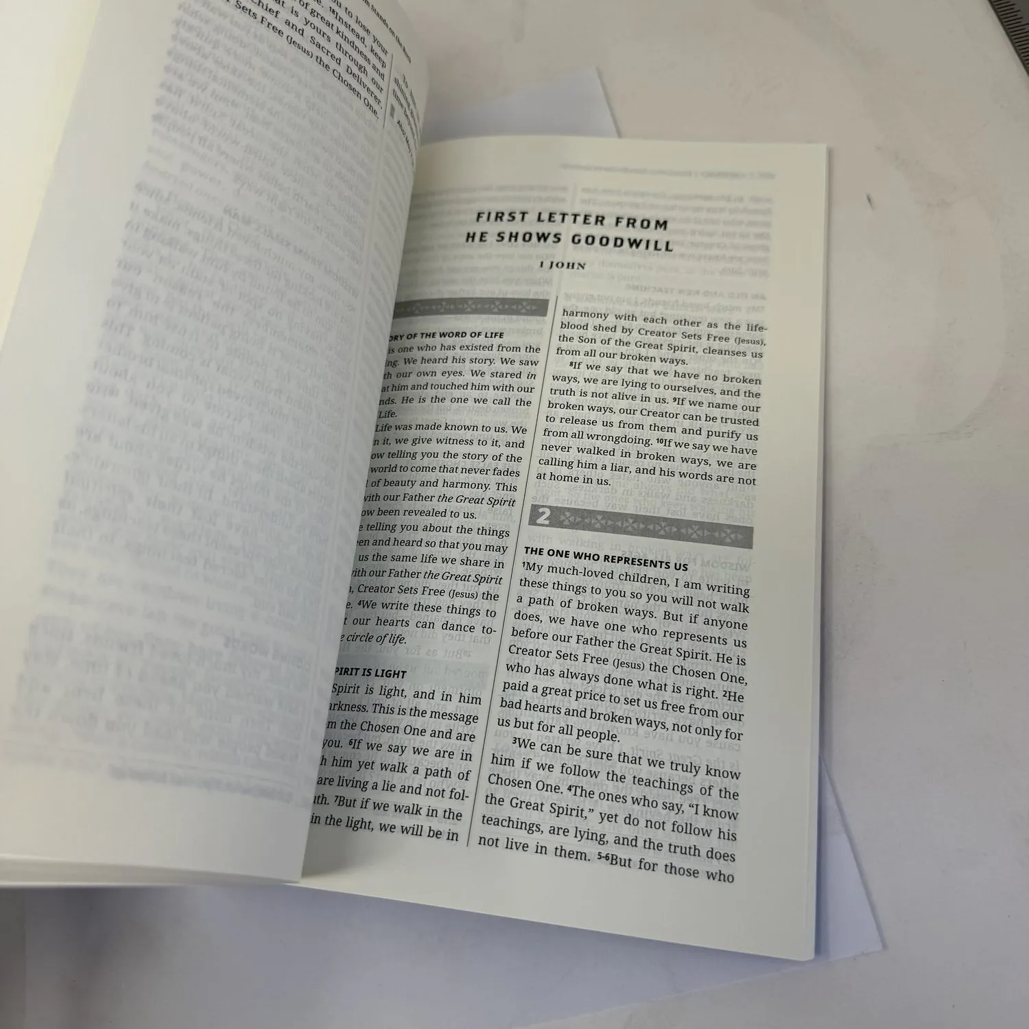 Interior page of First Nations Version showing First Letter from He Shows Goodwill (1 John) — demonstrating the Indigenous translation approach with Native cultural vocabulary