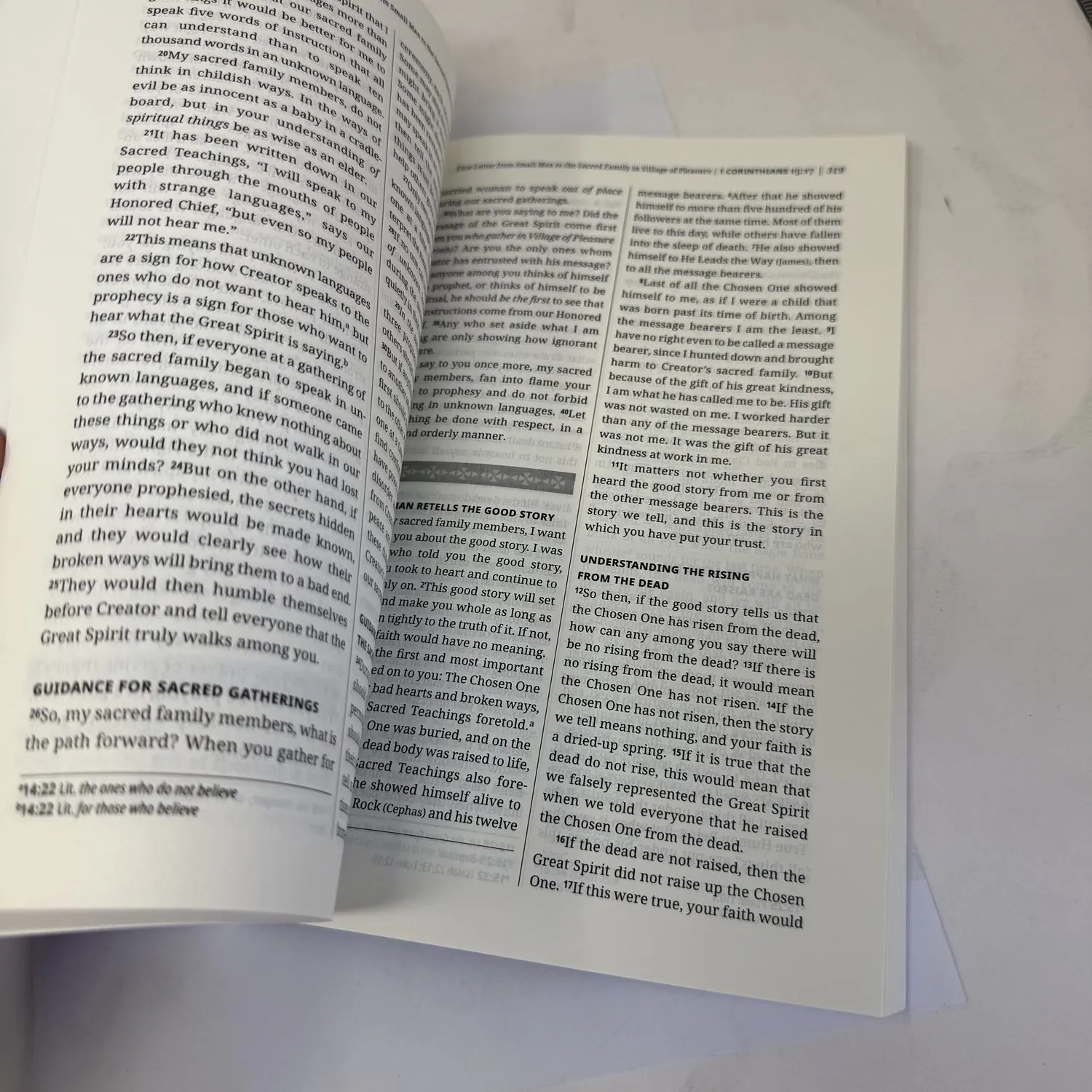 Interior text page of First Nations Version New Testament showing the dynamic-equivalence translation style with Native North American cultural concepts throughout