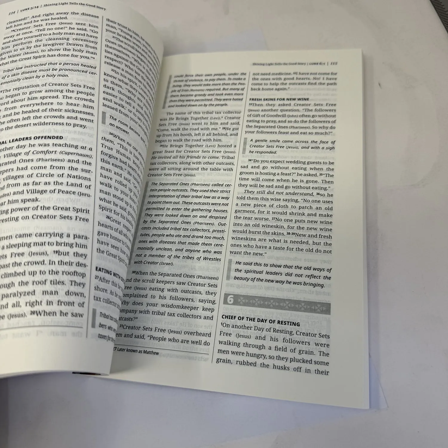 Interior page showing First Nations Version translation conventions — Creator Sets Free for Jesus, Separated Ones for Pharisees, tribal tax collectors — the cultural re-rendering approach