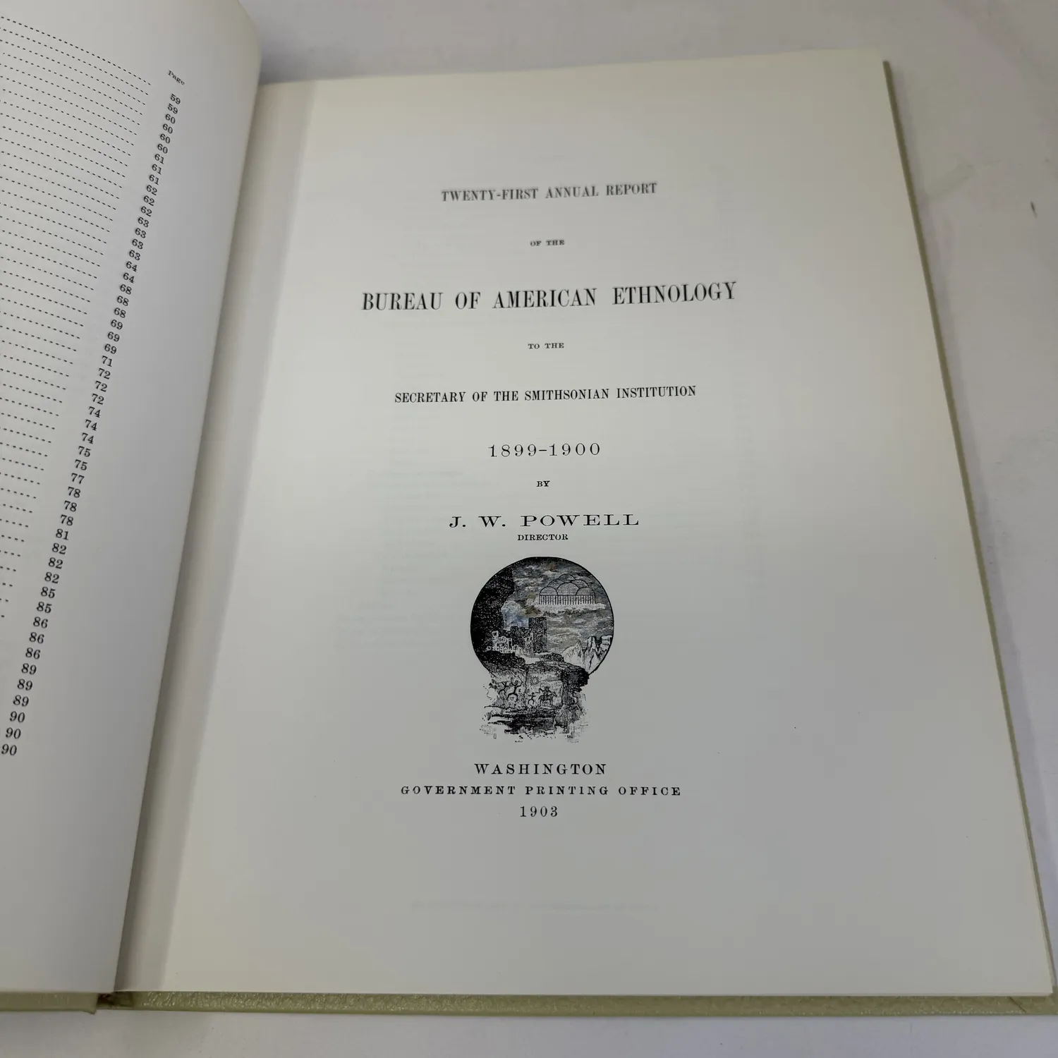 Title page of the Twenty-First Annual Report of the Bureau of American Ethnology to the Secretary of the Smithsonian Institution 1899-1900 by J W Powell Director, with Smithsonian vignette, Washington Government Printing Office 1903, Rio Grande Press reprint edition photographed at the New Mexico Literacy Project