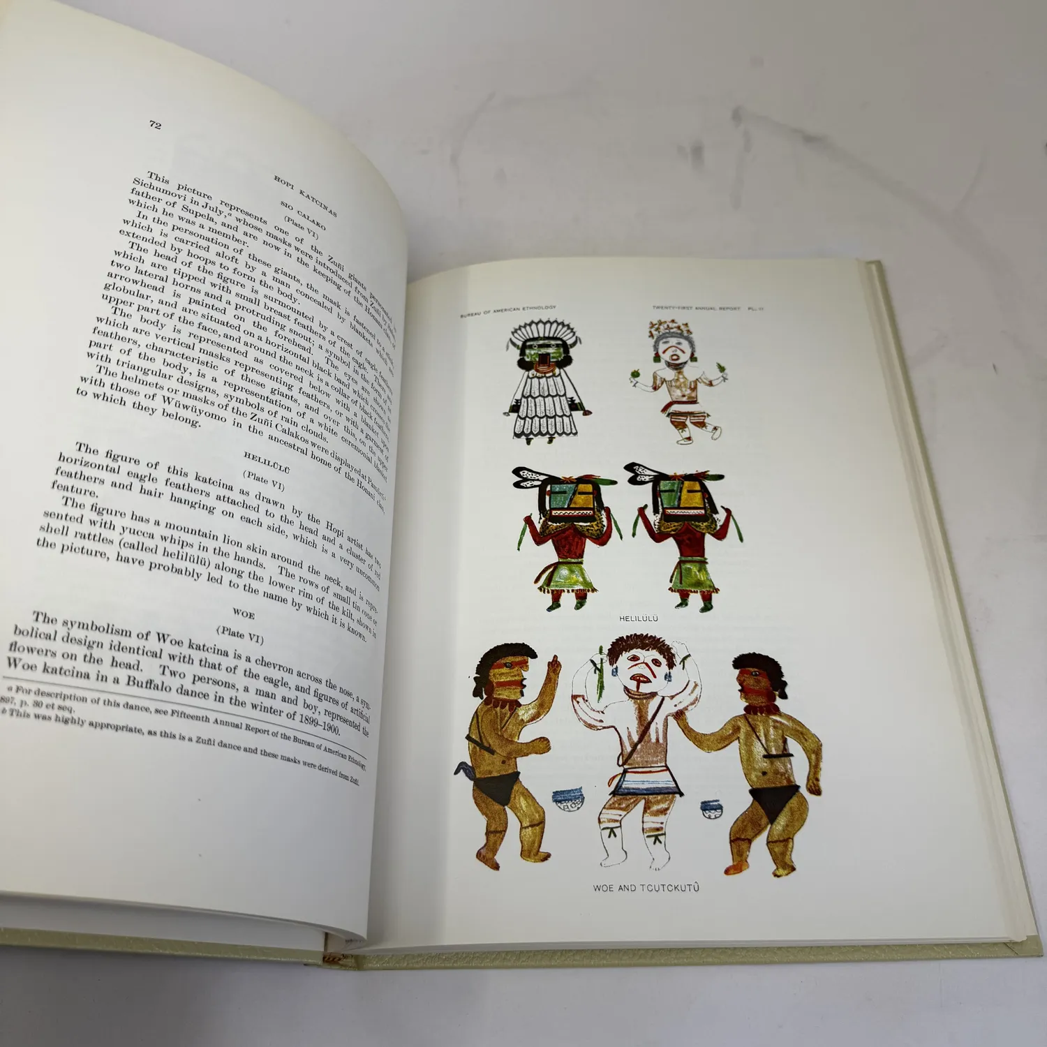 Color plate from Hopi Katcinas by Fewkes showing kachina figures drawn by Native Hopi artists — Hahaiwū pair in black and white striped costumes with feathered headdresses at top, Hēlōlō figure in ceremonial dress at right, and Woe and Tcutckutū pair in golden-brown body paint with dance regalia at bottom. Page 72, Bureau of American Ethnology Twenty-First Annual Report, public domain 1903