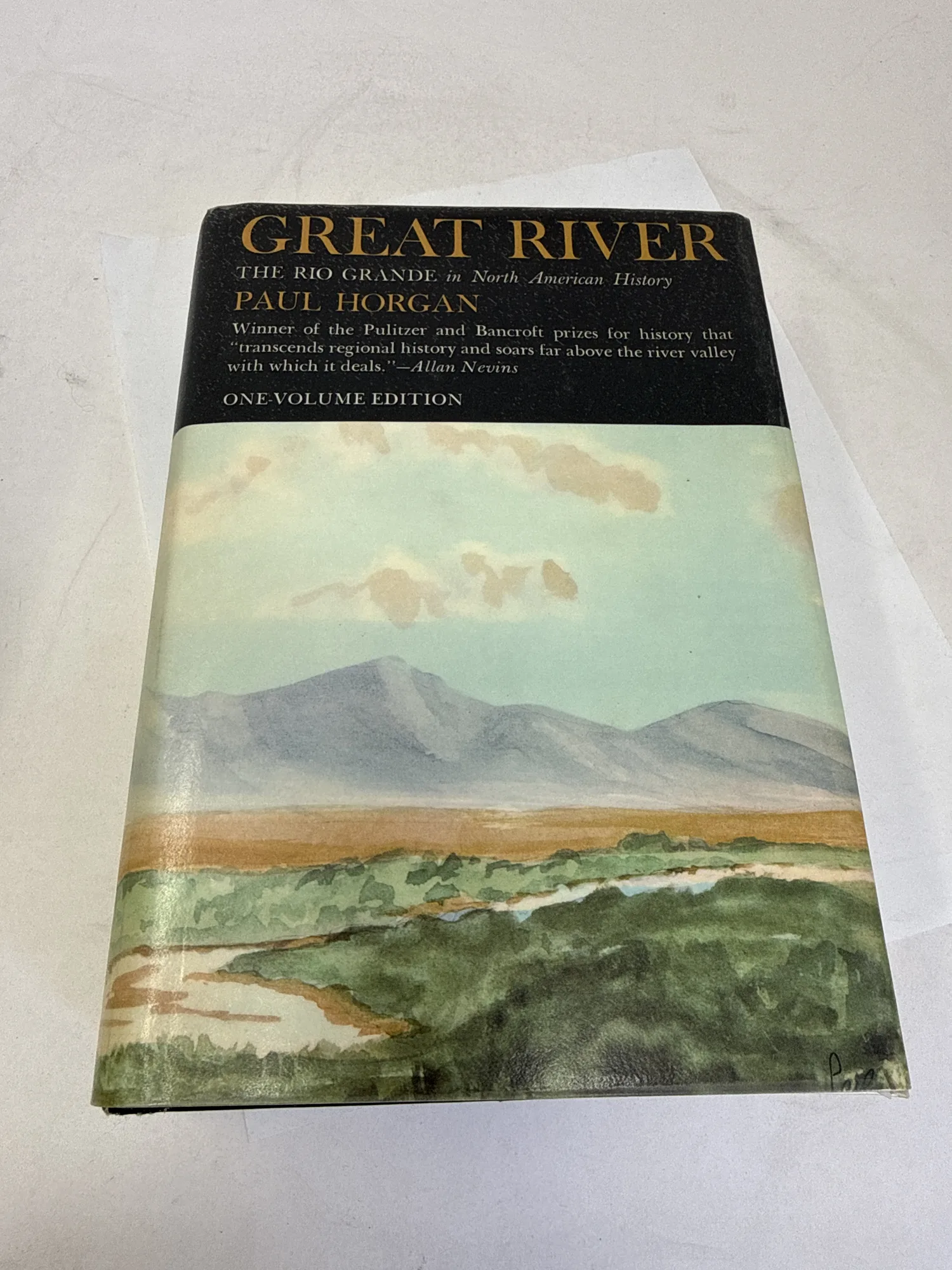 Front cover and dust jacket of Great River: The Rio Grande in North American History by Paul Horgan — black panel with gold text, watercolor Rio Grande landscape, Allan Nevins blurb, One-Volume Edition, Holt Rinehart and Winston hardcover 1977 reprint. Photographed at the New Mexico Literacy Project sorting desk in Albuquerque.