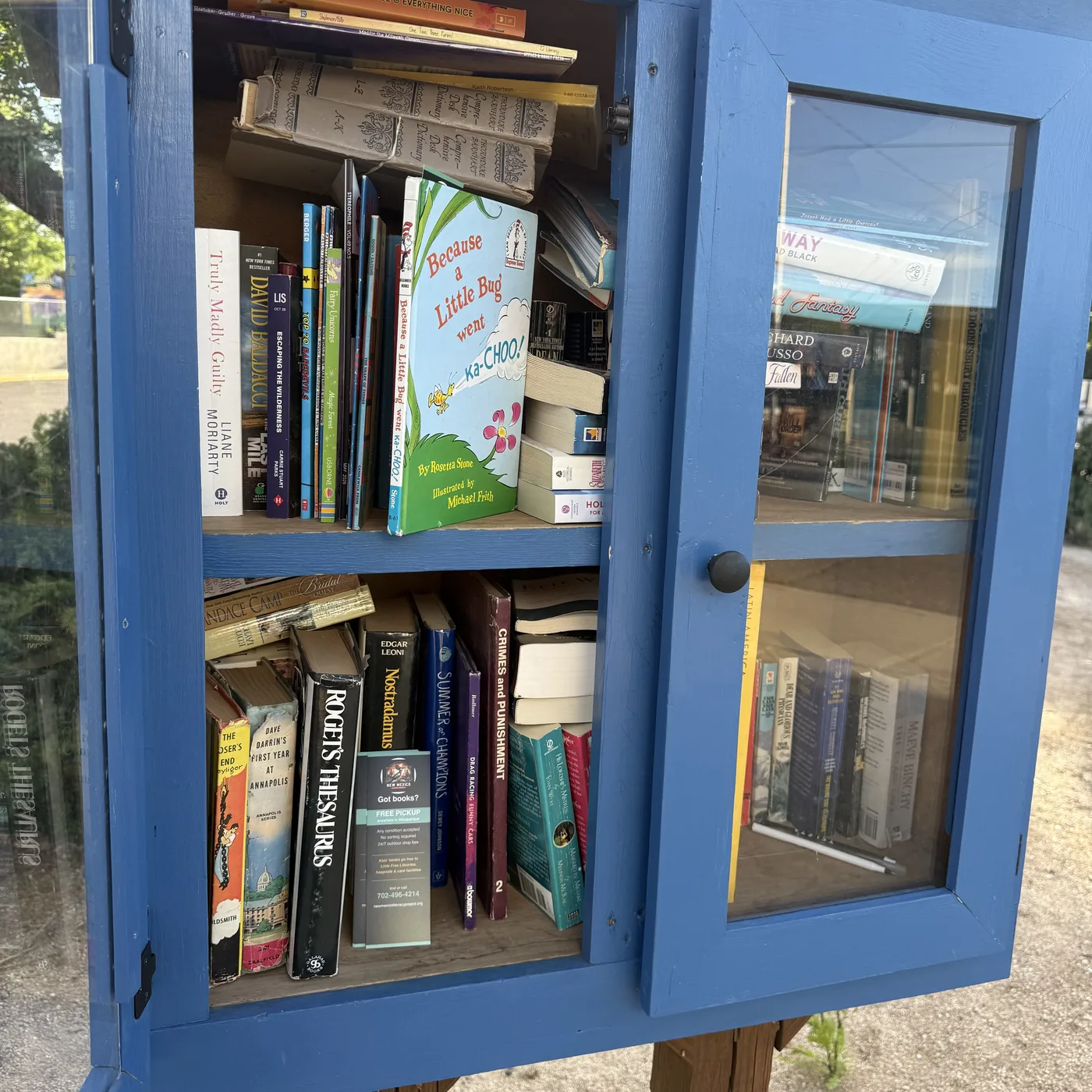 A brightly painted Little Free Library with rainbow stripes and black paw print patterns on the inside ceiling, restocked with NMLP intake. Top shelf, stacked horizontally: Robert Ludlum's 'The Altman Code' (paperback, Gayle Lynds), Katherine Neville 'The Eight' (mass market), Walter Dean Myers 'Fallen Angels', Garret Rittenberg 'The Other Side of Beauty', Donna Leon 'Death at La Fenice' (HarperTorch), 'Sonic the Hedgehog: Best Buds Forever' (IDW kids' comic), kids' picture books, G. Stilton 'The Phantom Bandit'. Standing right side: Rick Steves Paris 2011 (Avalon Travel), 'Mr. Penumbra's 24-Hour Bookstore' by Robin Sloan (Picador), Chinua Achebe 'Things Fall Apart', Jamie Ford 'Hotel on the Corner of Bitter and Sweet', Beattie 'The Language of Letting Go', Philbrick 'Freak the Mighty'. Bottom shelf: Breaking Bread 2019, Daniel G. Miller 'The Orphanage by the Lake', Eckhart Tolle 'A New Earth' (Plume), Lisa Jackson 'Don't Be Scared', Broach 'Desert Crossing', Khaled Hosseini 'And the Mountains Echoed' (Riverhead Books), Anne Stuart 'Ice Blue' (MIRA), Linn-Cust 'Ginger's Gift', Cetron and O'Toole 'Encounters with the Future', Naisbitt 'Megatrends', 'Out Stealing Horses' by Per Petterson, Colleen Hoover 'It Ends with me'. NMLP bookmark visible bottom left.