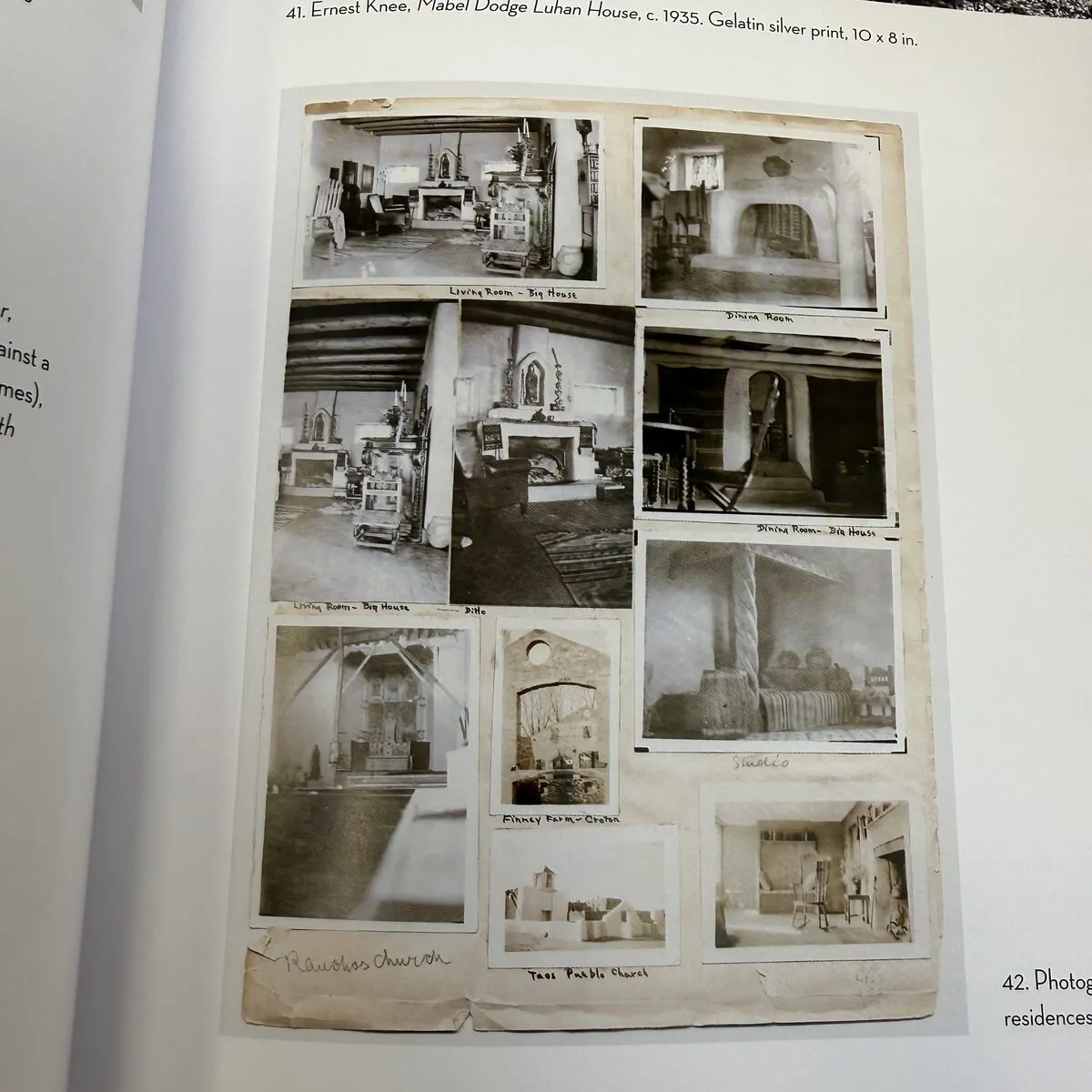 Ernest Knee gelatin silver prints circa 1935 showing interior rooms of the Mabel Dodge Luhan House in Taos: Big House living room, dining room, living room with fireplace, plus Ranchos Church, Taos Pueblo Chapel, and Finney Farm — from Mabel Dodge Luhan and Company, photographed by Josh Eldred