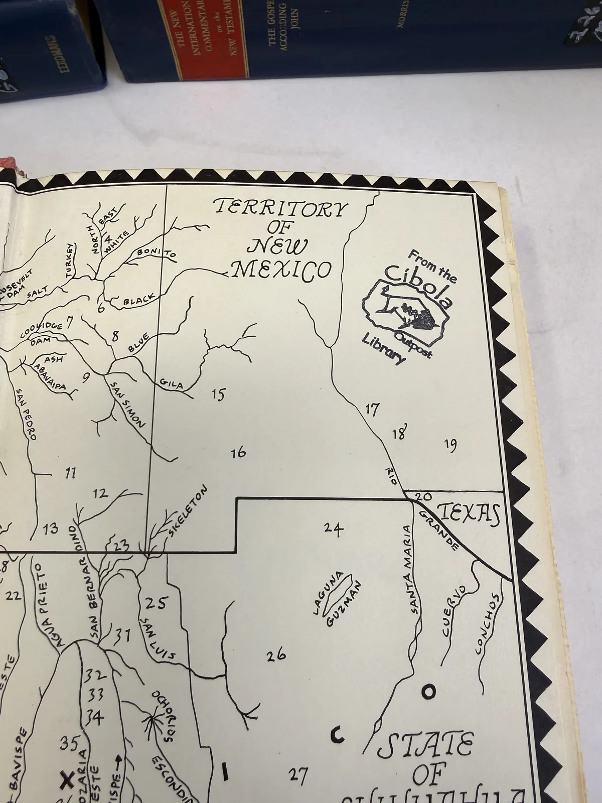 Endpaper map of the Territory of New Mexico from The First Hundred Years of Nino Cochise showing the Apache country of the border Southwest, photographed at New Mexico Literacy Project
