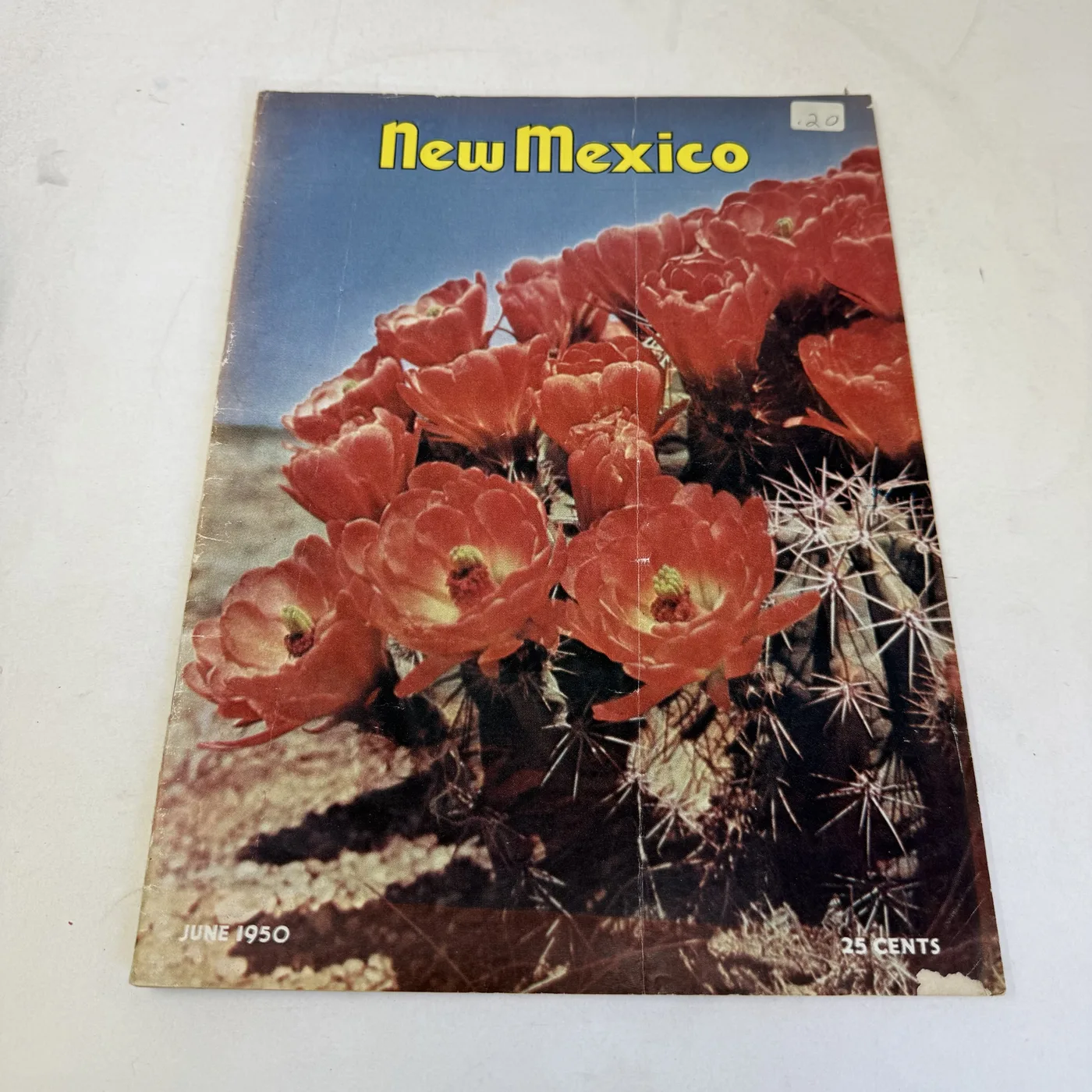 New Mexico Magazine June 1950 cover: claret cup cactus in full red bloom against a blue sky, twenty-five cents — photographed at New Mexico Literacy Project