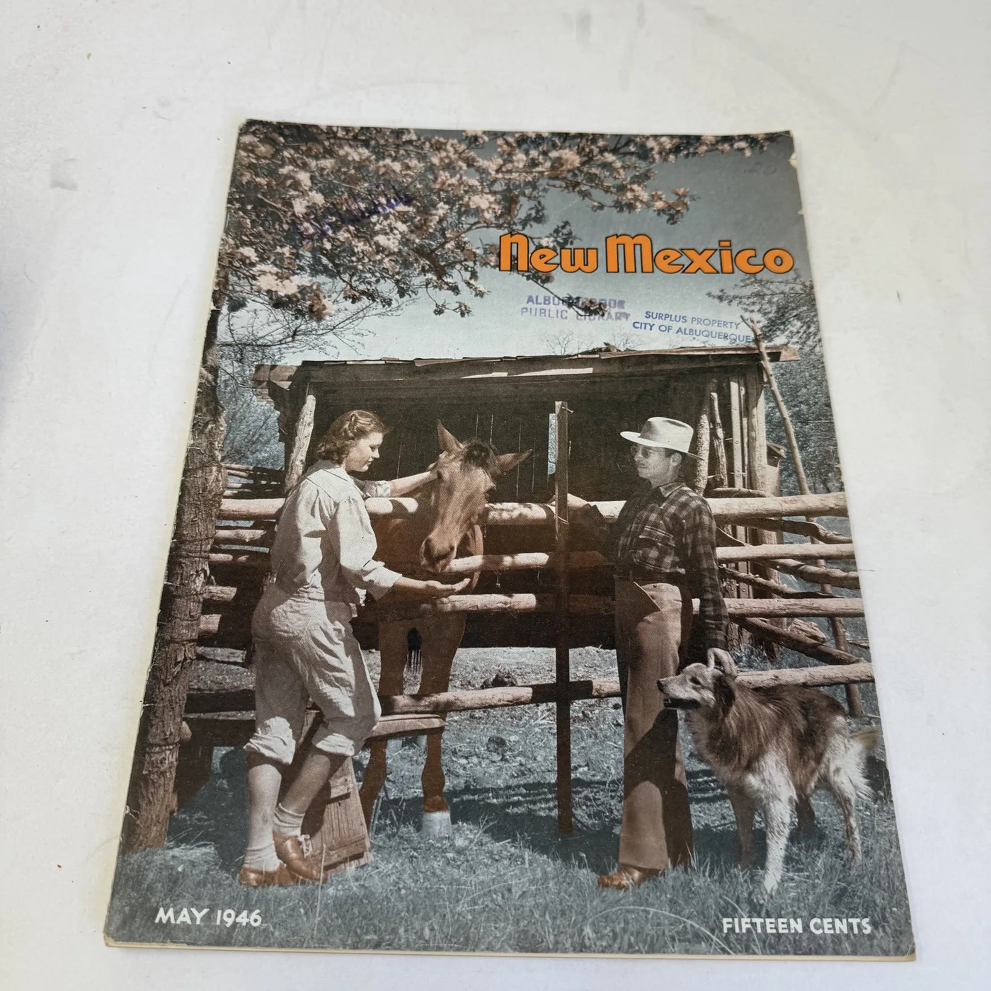 New Mexico Magazine May 1946 cover: couple with a saddle horse and stock dog at a log corral under a flowering tree — photographed at New Mexico Literacy Project