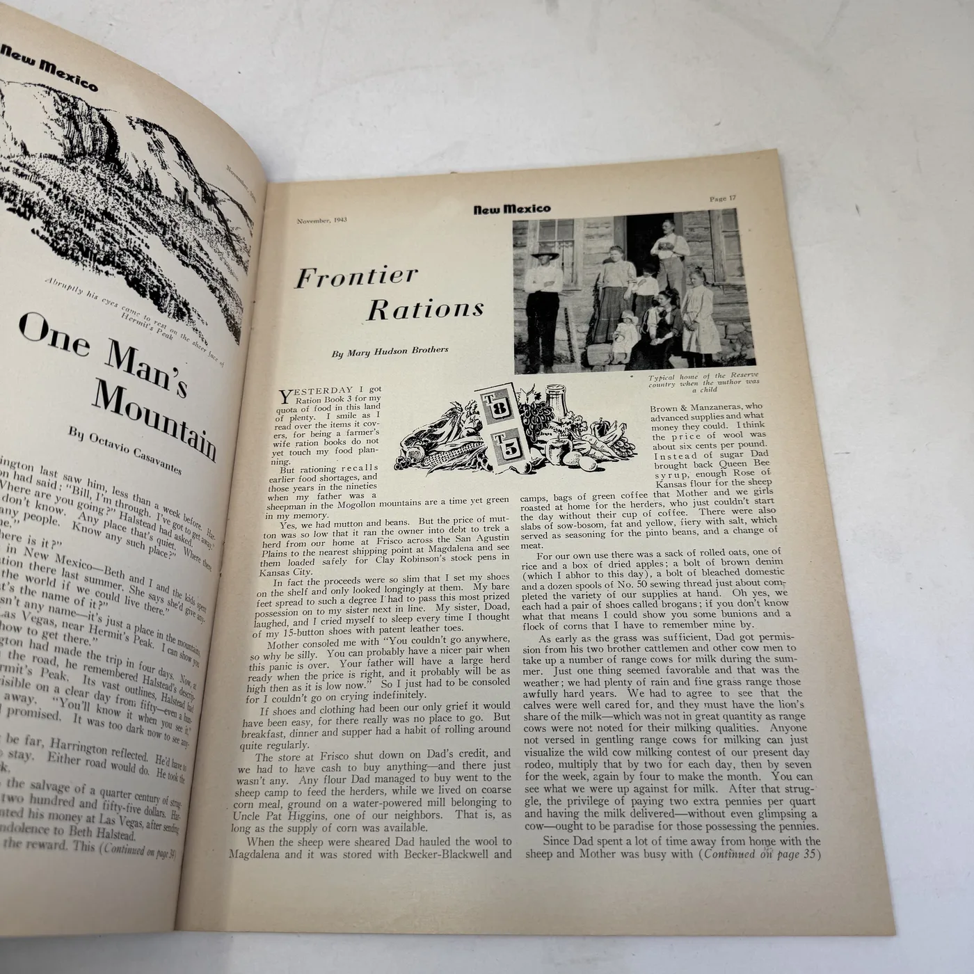 Interior spread from a war-years New Mexico Magazine: the feature Frontier Rations opposite One Man's Mountain — photographed at New Mexico Literacy Project