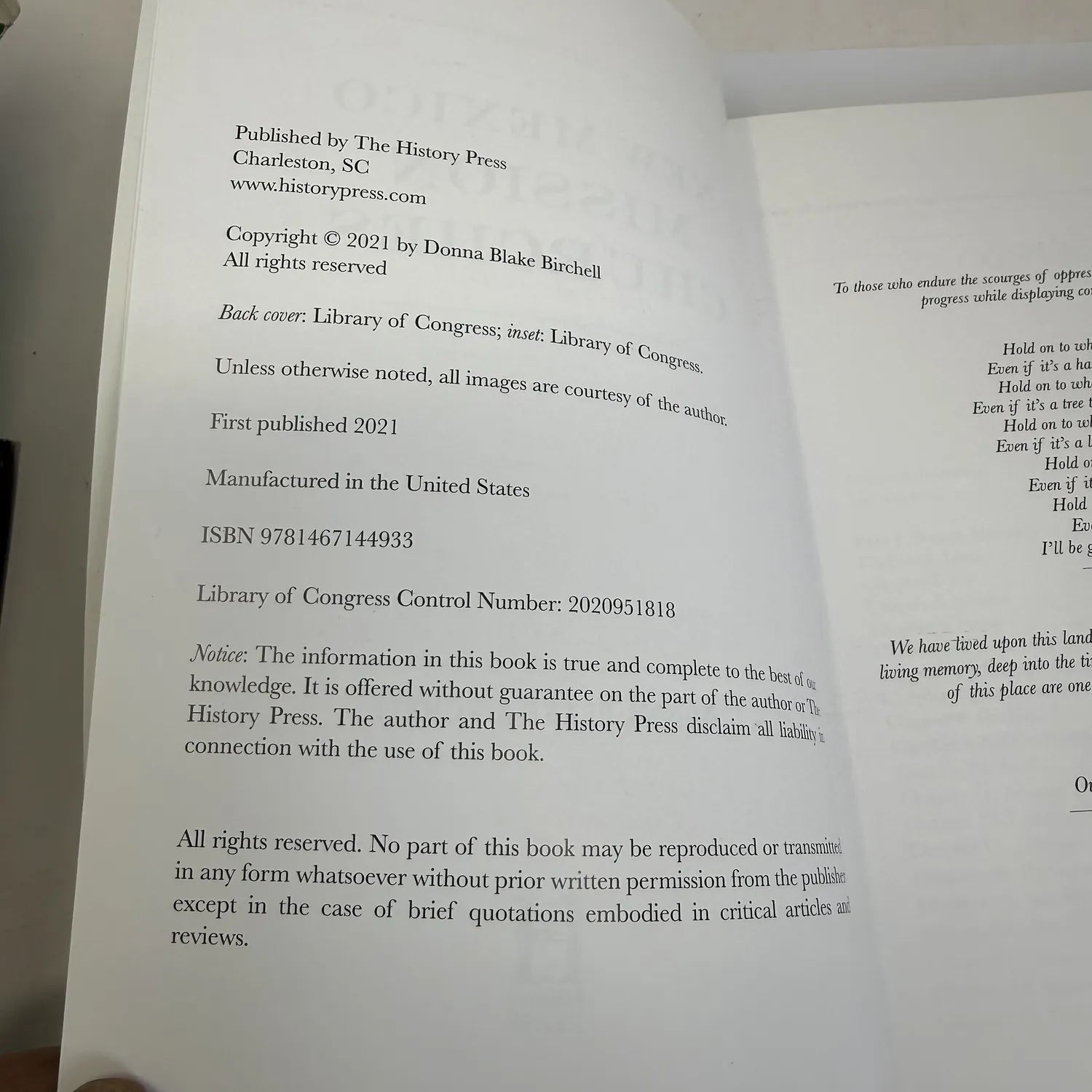 Copyright page of New Mexico Mission Churches by Donna Blake Birchell — Published by The History Press, Charleston SC, Copyright 2021, ISBN 9781467144933, Library of Congress Control Number 2020951818, first published 2021