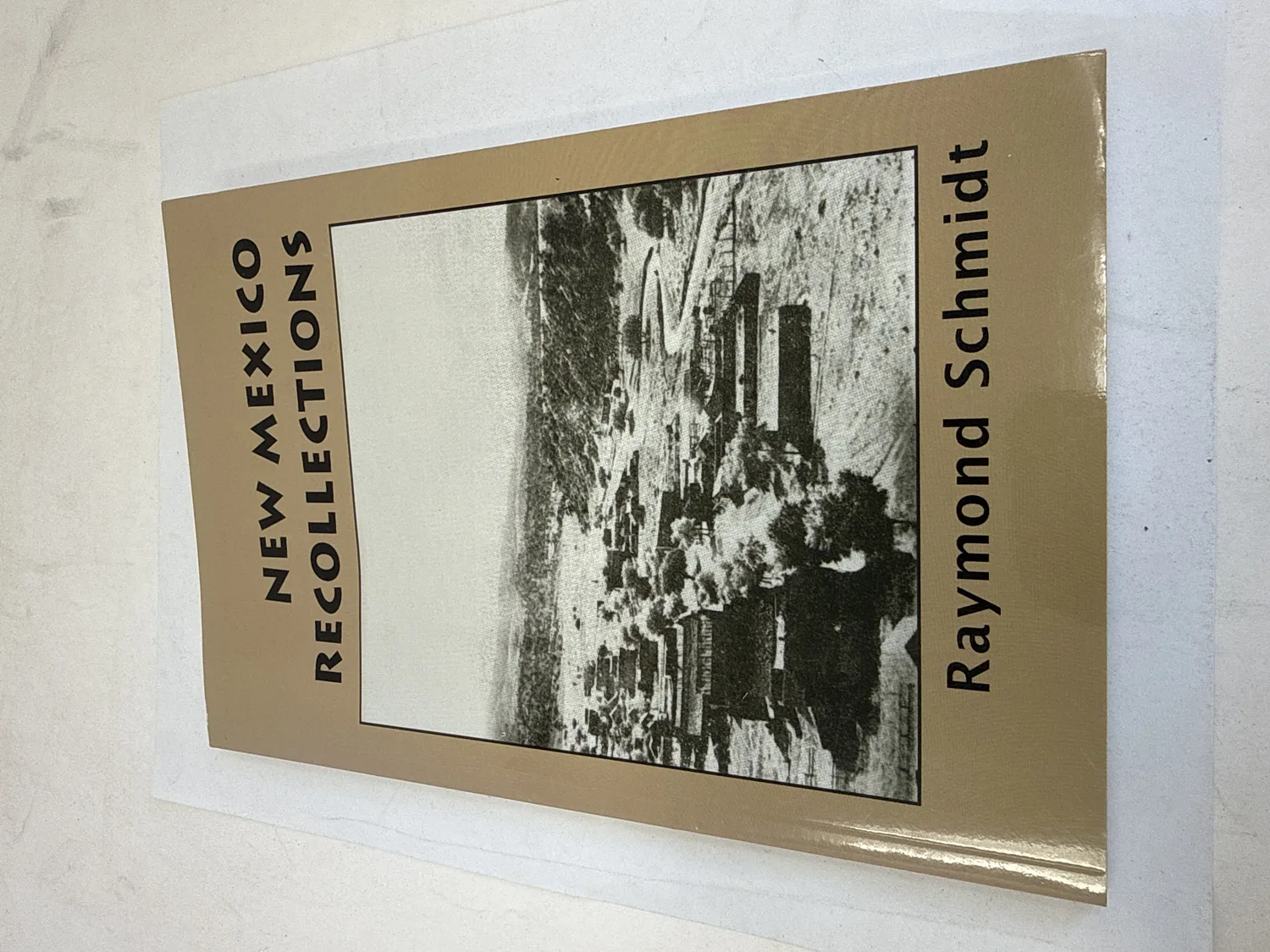 Front cover of New Mexico Recollections by Raymond Schmidt — tan and gold softcover with vintage black-and-white photograph of the Chloride, New Mexico settlement by Henry A. Houston, title and author name in black type, Pioneer Press 2011 reprint of the 1977 original. Photographed at the New Mexico Literacy Project sorting desk in Albuquerque.