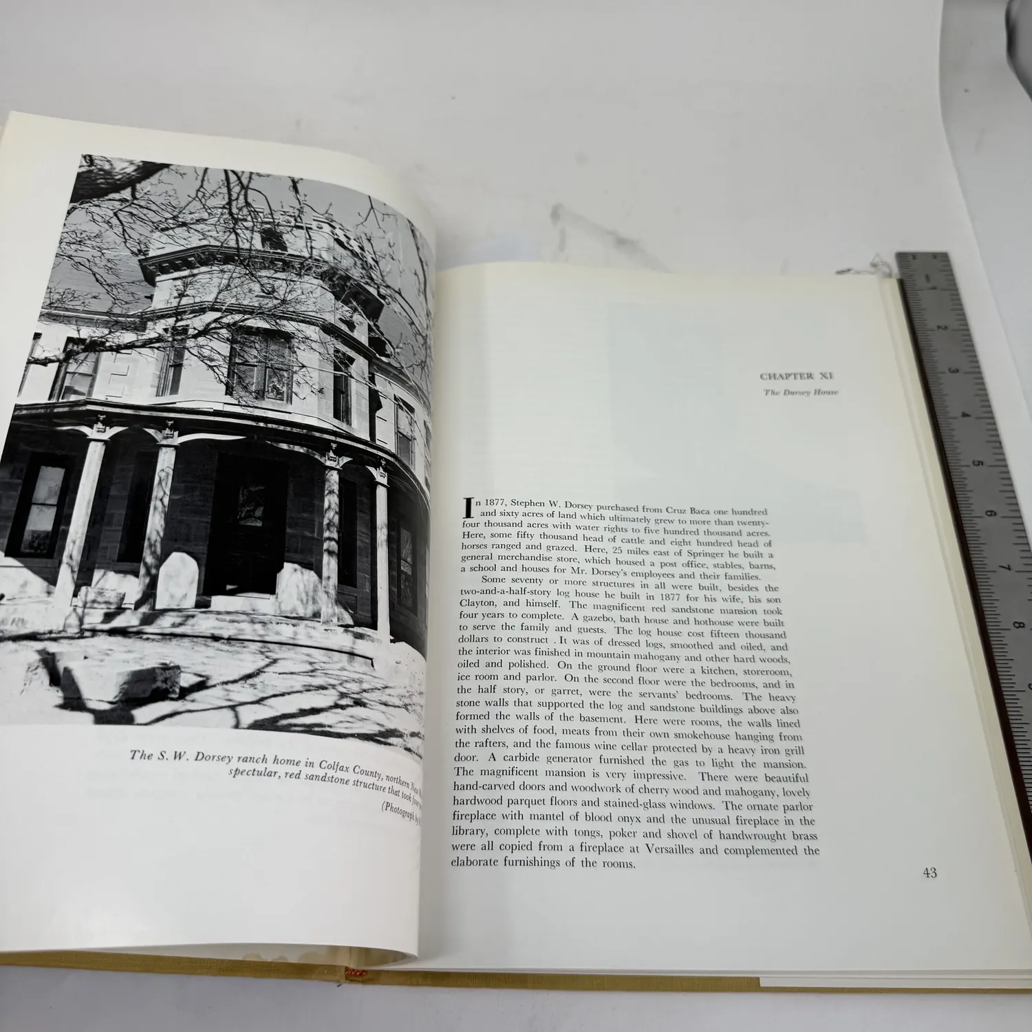 Interior spread page 43 of Old Houses of New Mexico — Chapter XI The Dorsey House showing S.W. Dorsey red sandstone ranch home in Colfax County New Mexico, photo credit Clara C. Wetterhall, territorial-era cattle-baron architecture