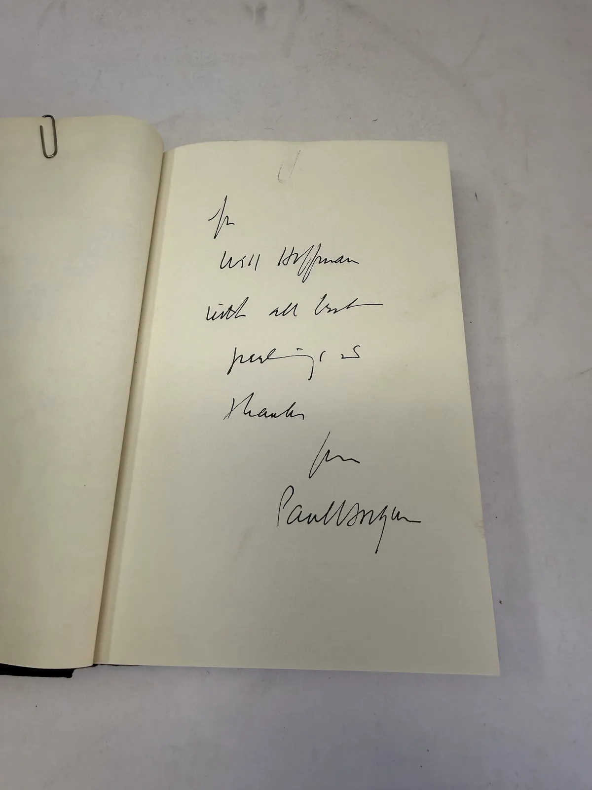 A handwritten presentation inscription ending with the signature Paul Horgan, in ink on the front free endpaper of Approaches to Writing, photographed at New Mexico Literacy Project