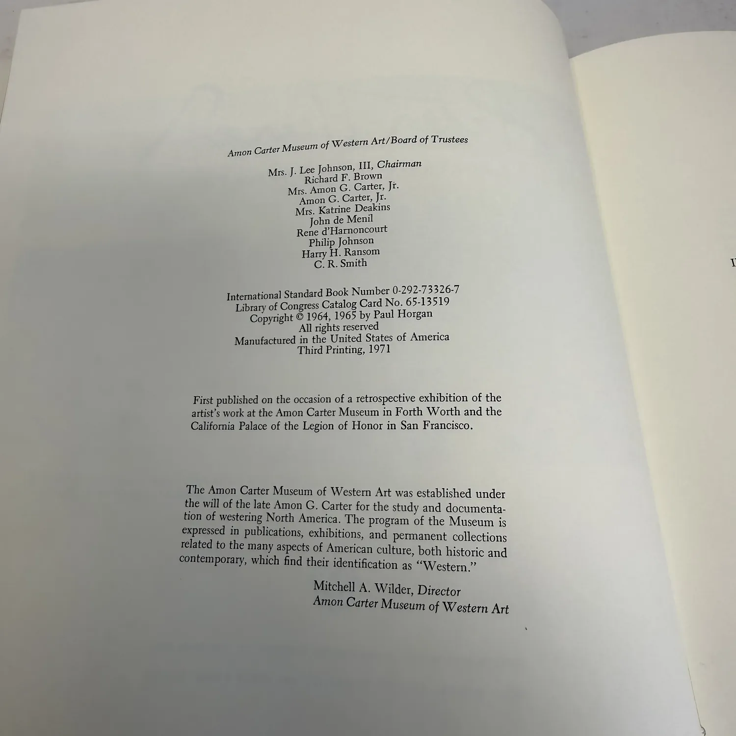 Copyright page of Peter Hurd: A Portrait Sketch from Life showing Board of Trustees listing, copyright 1964 1965 by Paul Horgan, ISBN 0-292-73326-7, LC 65-13519, Third Printing 1971