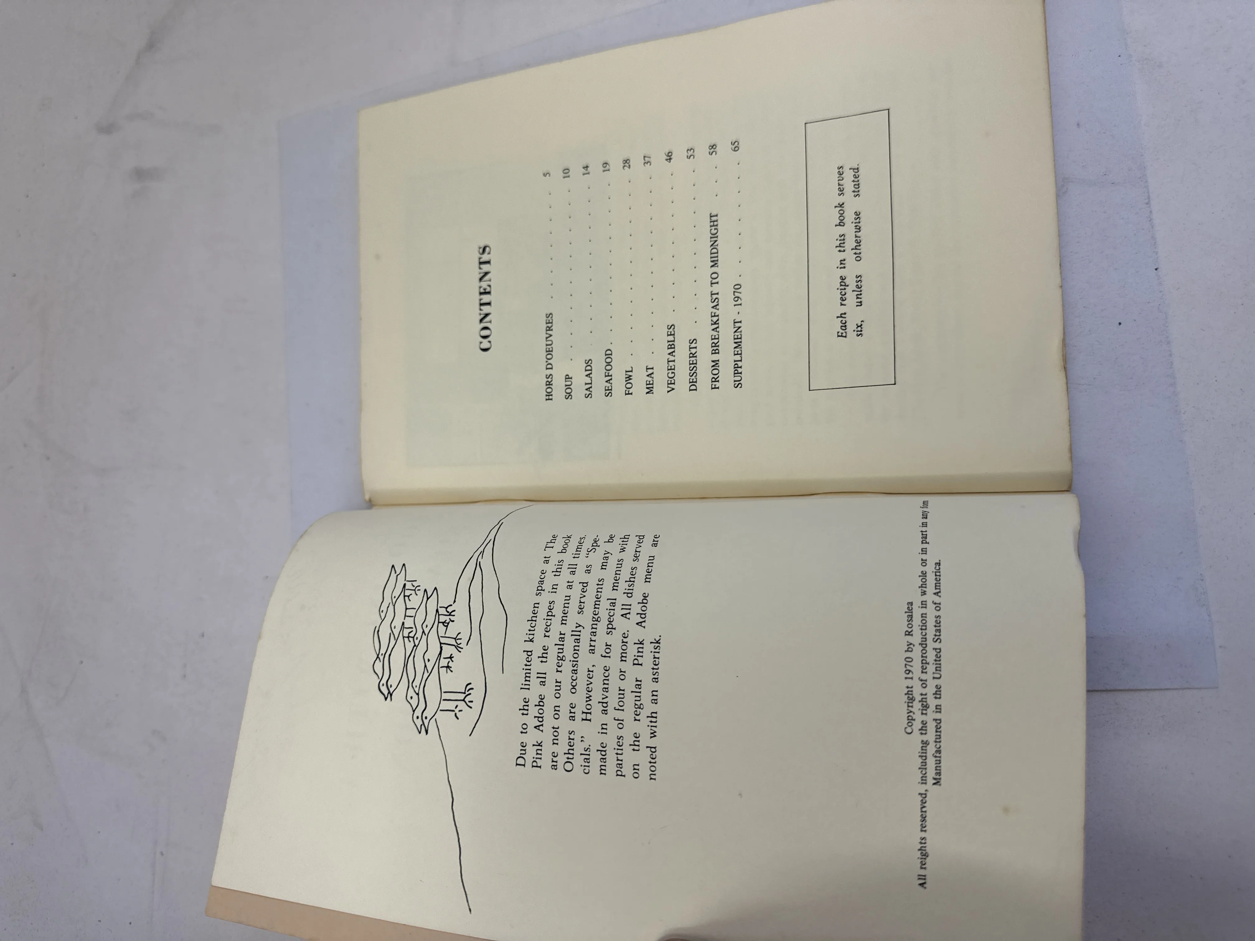 Table of contents and copyright page spread of Cooking with a Silver Spoon showing chapters from Hors D'oeuvres through Supplement 1970. Copyright 1970 by Rosalea. Note about limited kitchen space at The Pink Adobe and asterisked menu items. Line drawing of candles and table setting.
