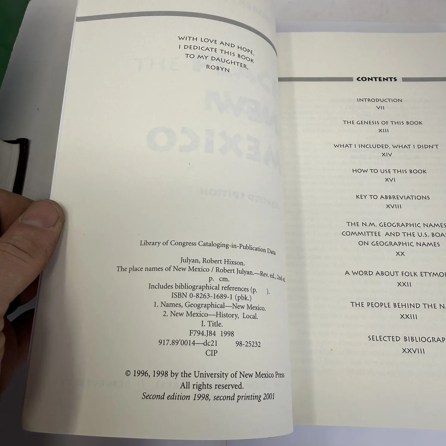 Copyright page and table of contents spread of The Place Names of New Mexico by Robert Julyan — showing Library of Congress data, ISBN 0-8263-1689-1, second edition 1998 second printing 2001, University of New Mexico Press, dedicated to daughter Robyn