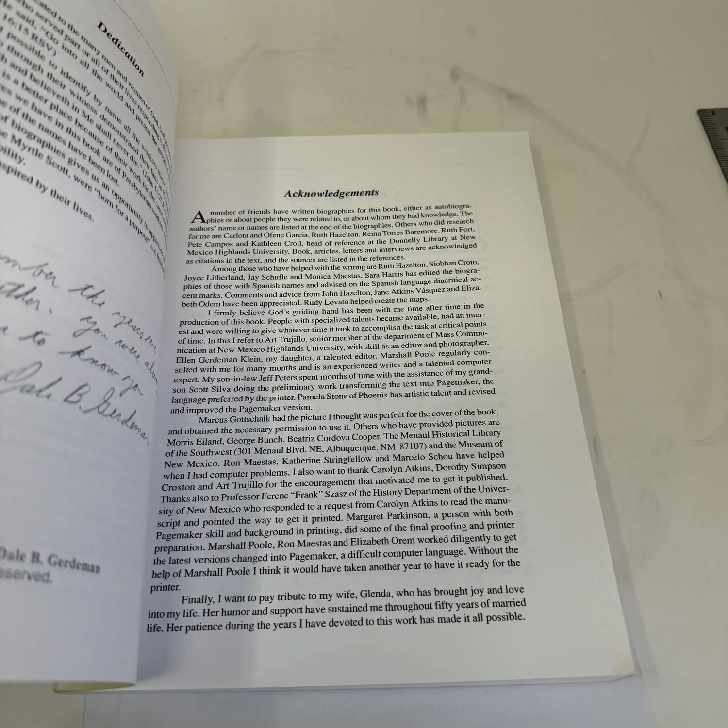 Acknowledgements page of Presbyterian Missionaries in Rural Northern New Mexico — connections to NM Highlands University, Museum of New Mexico, and Menaul Historical Library archive